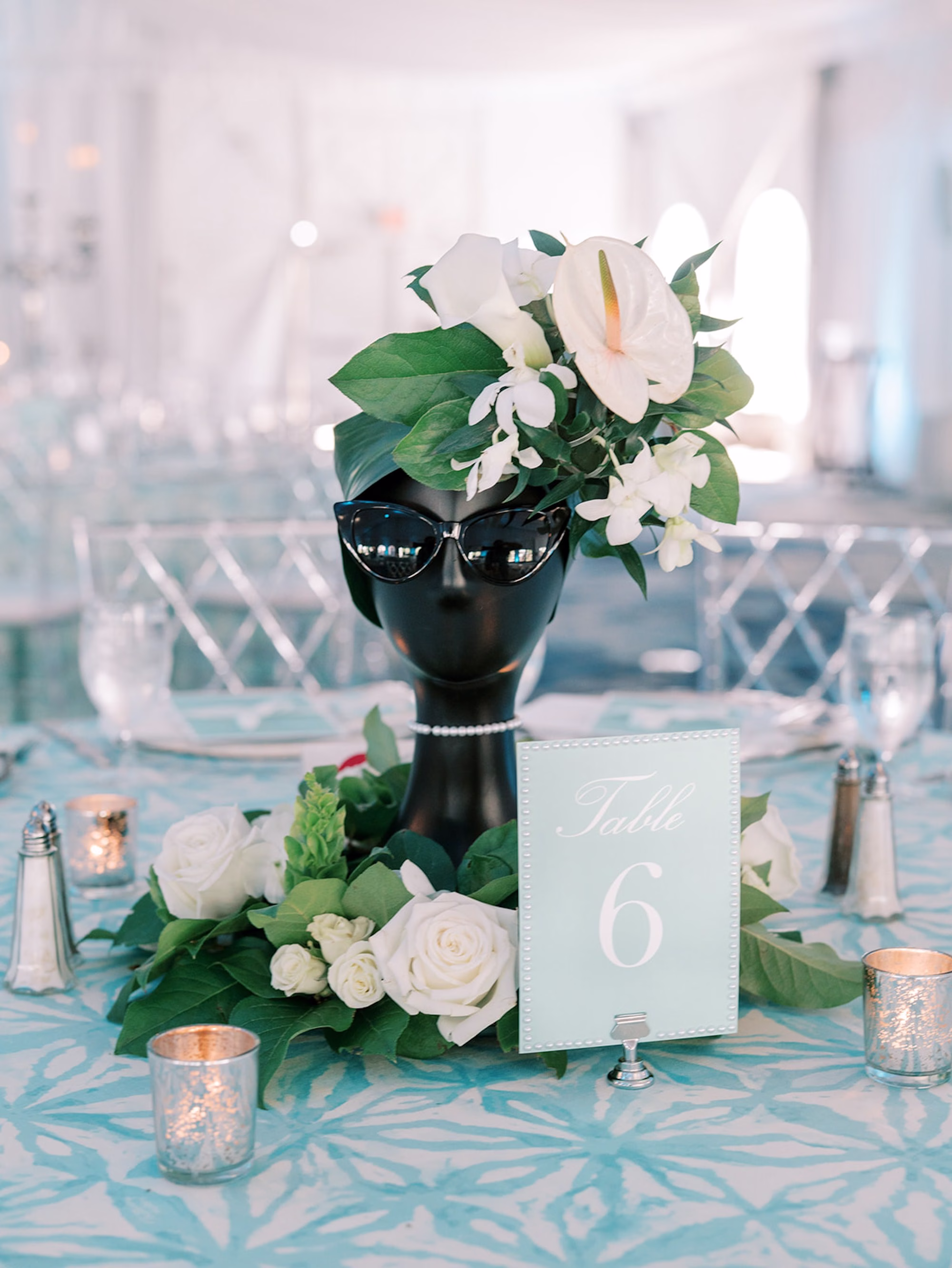 Breakfast at Tiffanys Blue Inspired Wedding Bridal Shower Ideas | Black Head Bust Centerpiece Flowers | Tampa Florist Florist Save the Date Florida