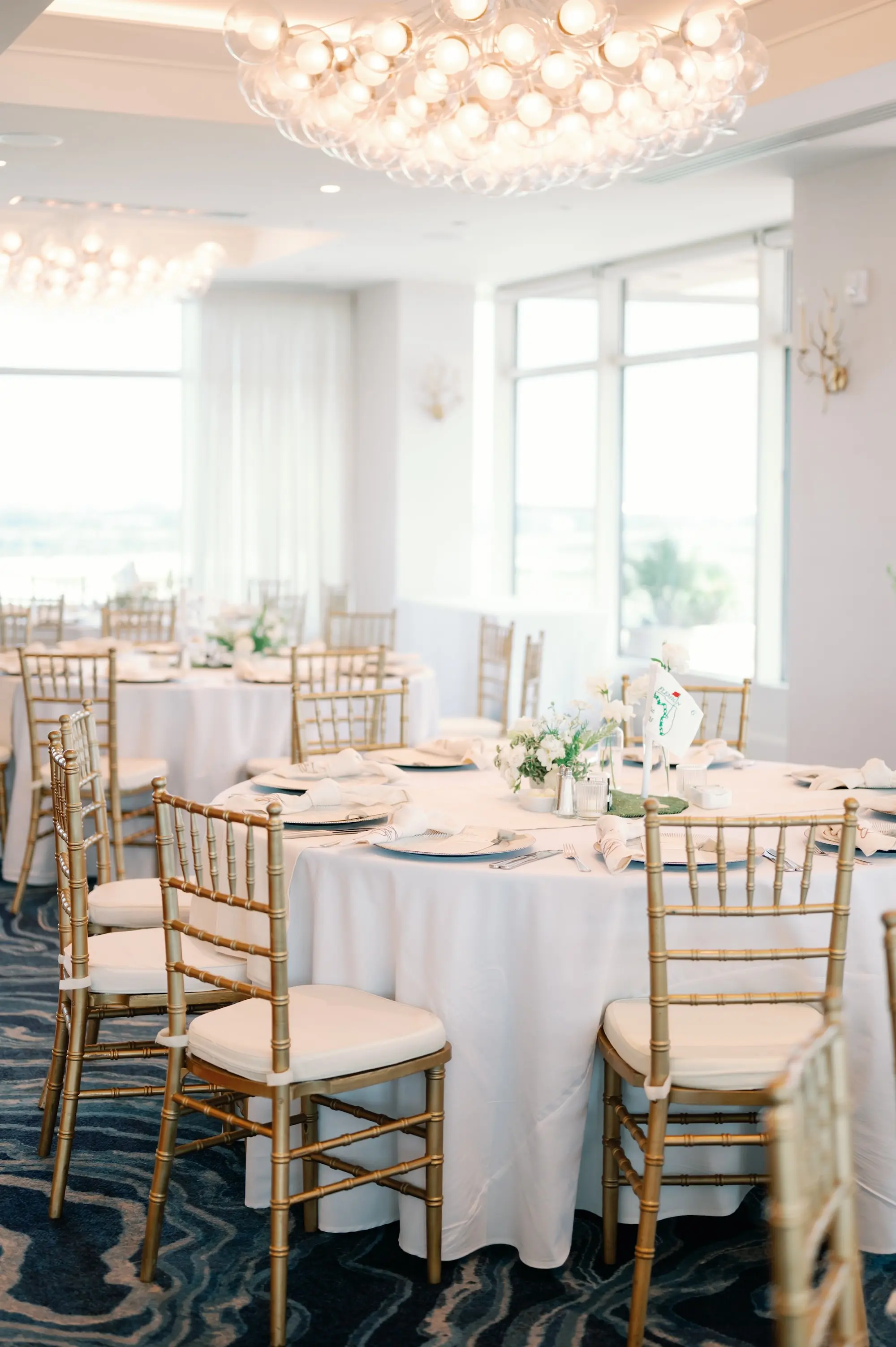 White and Gold Golf Inspired Wedding Reception Decor Ideas | Luxurious Ballroom Wedding Reception | Chiavari Gold Chairs Inspiration | Ideas | St Petersburg Florist FH Events | Venue Grand Hyatt Tampa Bay