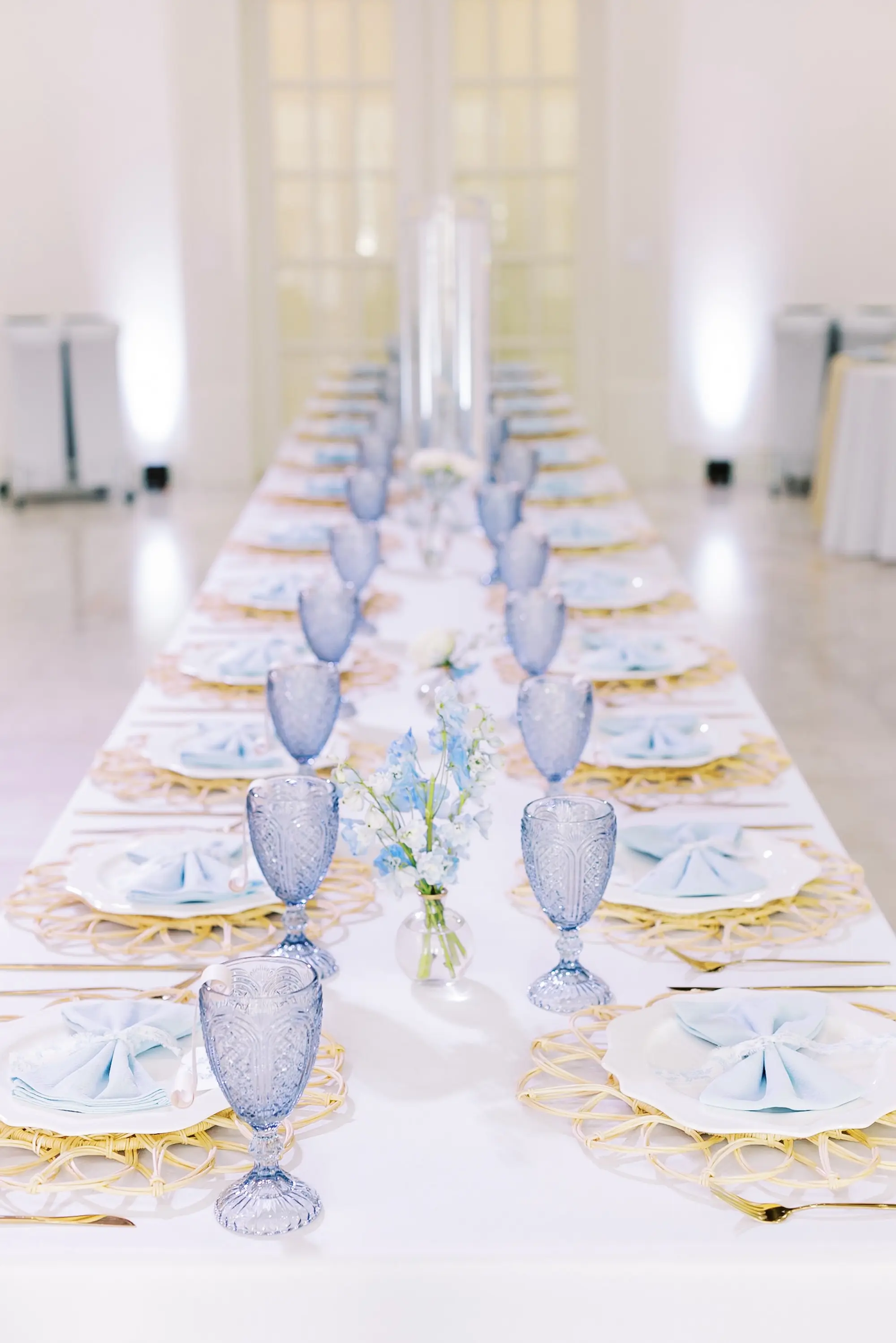 Elegant White and Blue Wedding Reception Long Feasting Table Place Setting Decor Inspiration