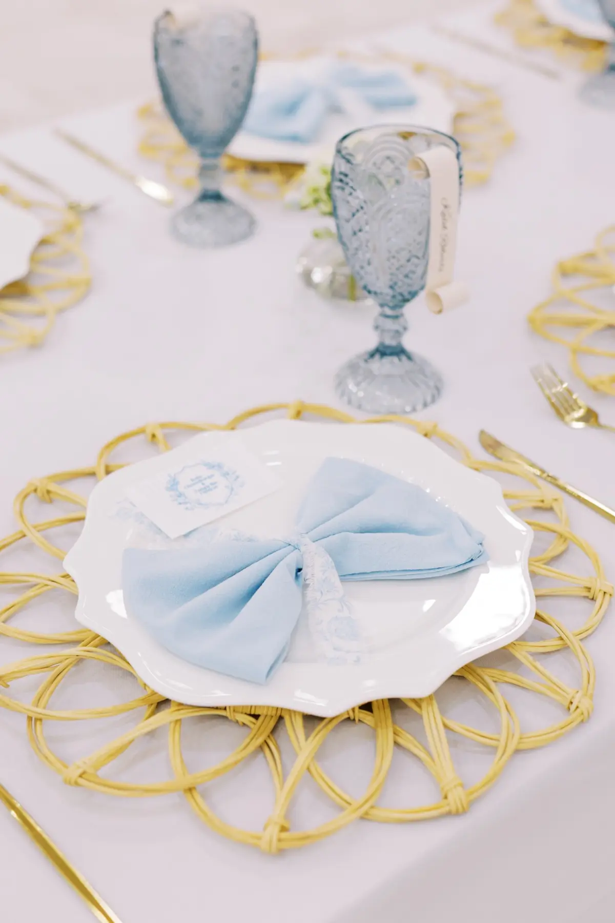 Elegant Blue and White Wedding Reception Place Setting Decor Inspiration