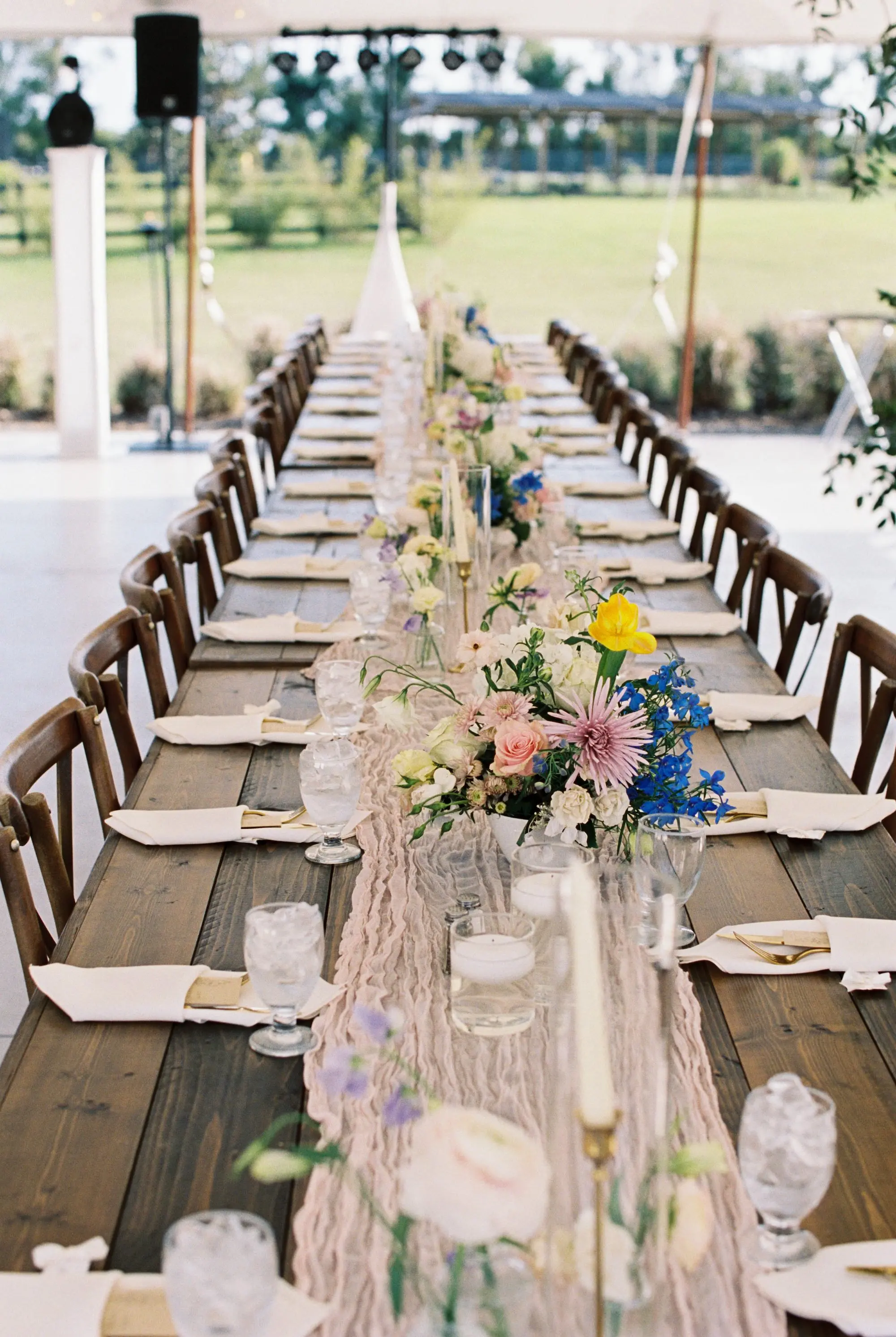 Romantic Pastel Tented Garden Wedding Reception Centerpiece Decor Ideas | Pink, Blue, Purple, Yellow Flower Arrangement Inspiration