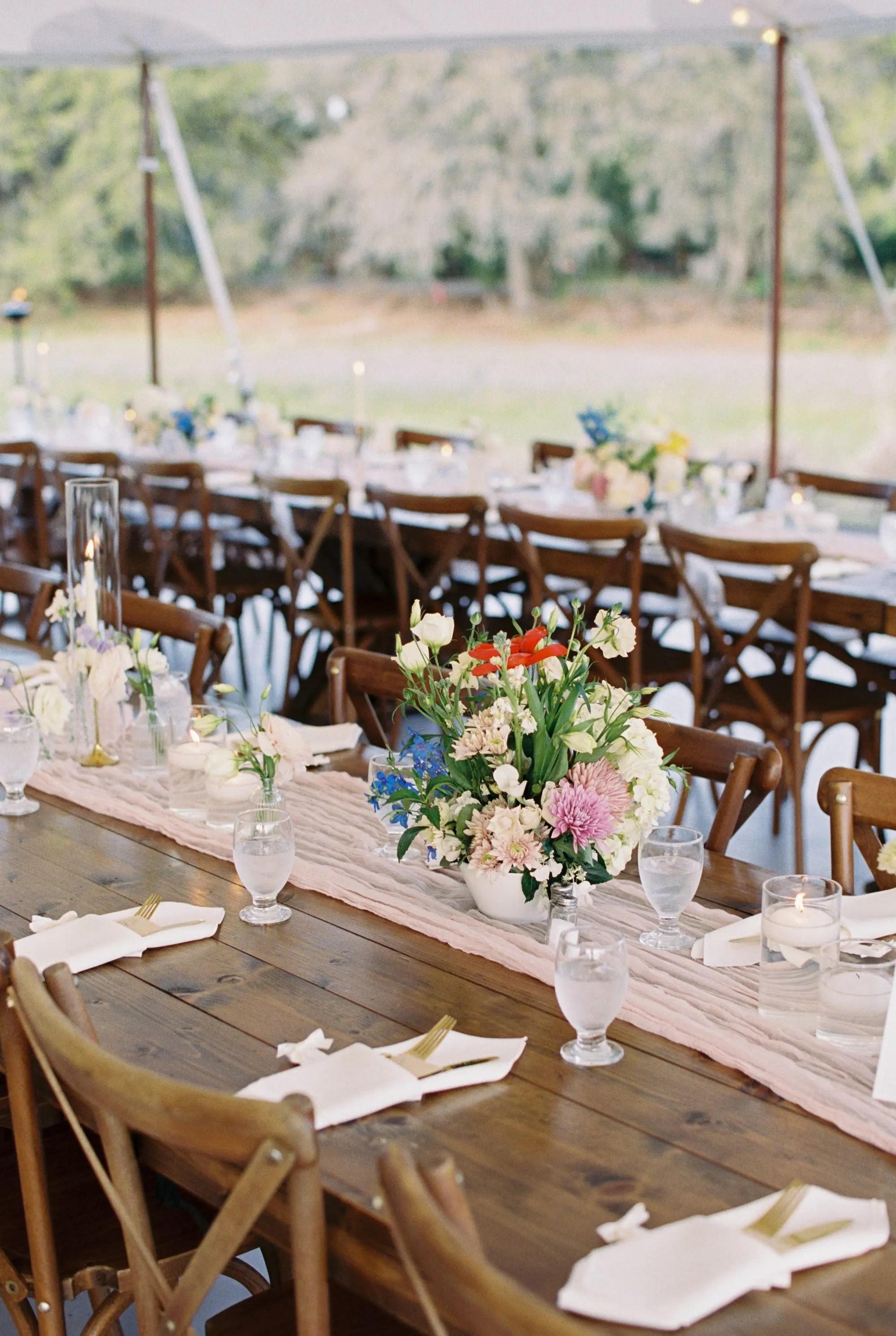 Romantic Pastel Tented Garden Wedding Reception Centerpiece Decor Ideas | Pink, Blue, Purple, Yellow Flower Arrangement Inspiration