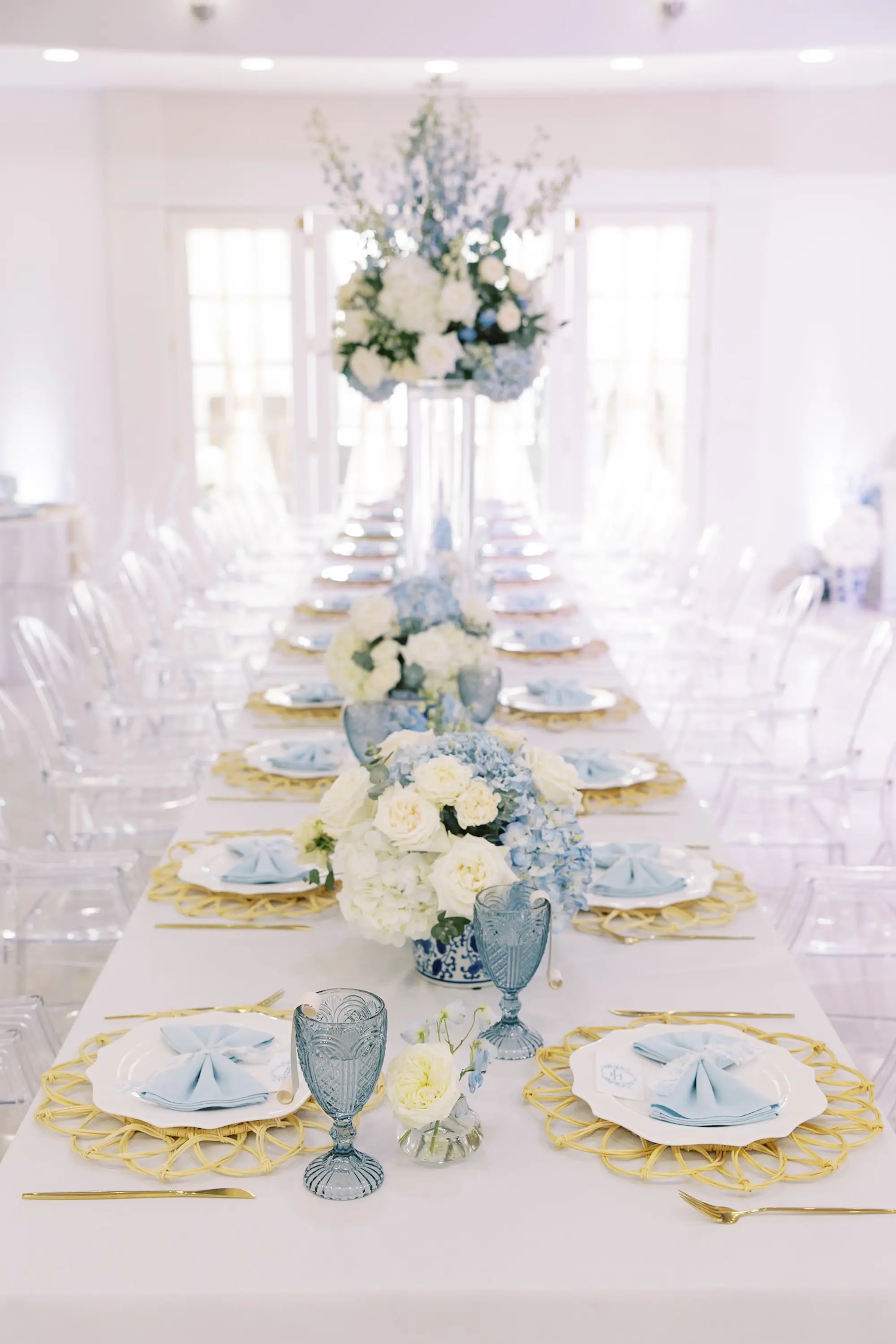 Elegant White and Blue Wedding Reception Long Feasting Table Place Setting Decor Inspiration