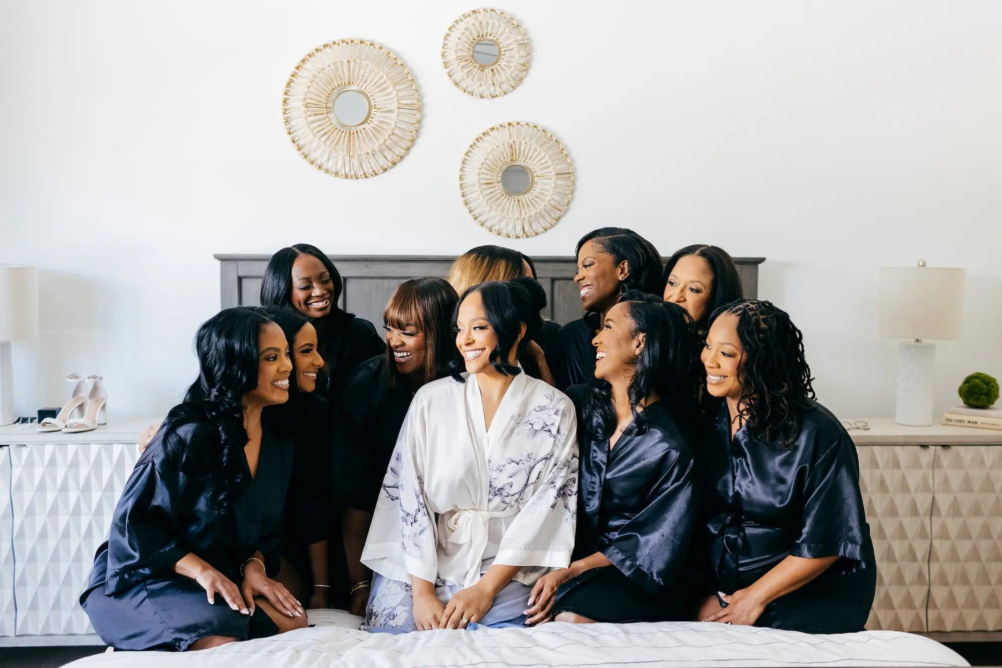 Bride and Bridesmaids Getting Ready Wedding Portrait in Navy Blue Satin Robes