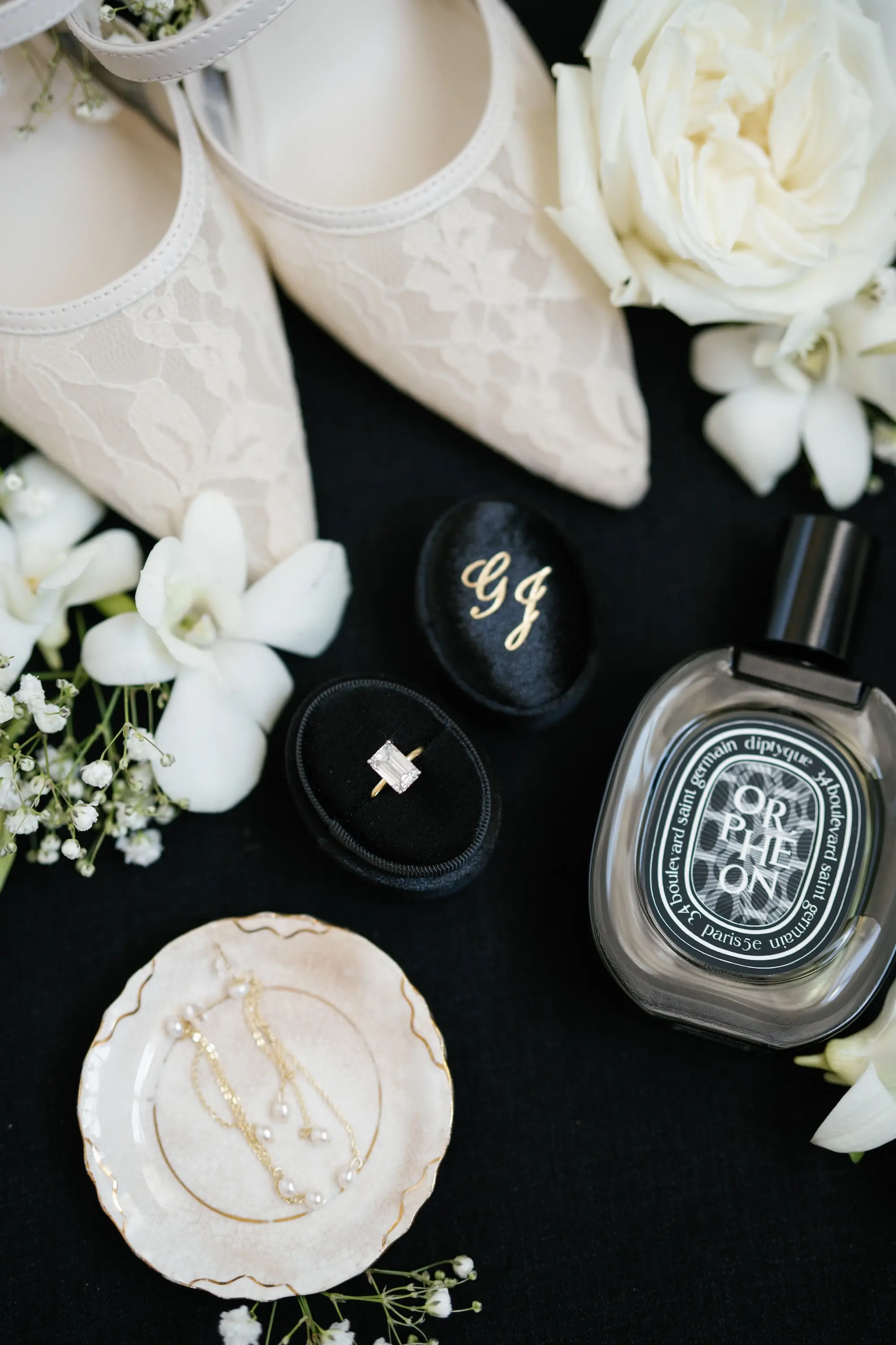 White Lace Dolce Vita Wedding Bridal Shoes Ideas | Rectangular Cut Engagement Ring with Thin Gold Band in Black Velvet Ring Box Inspiration
