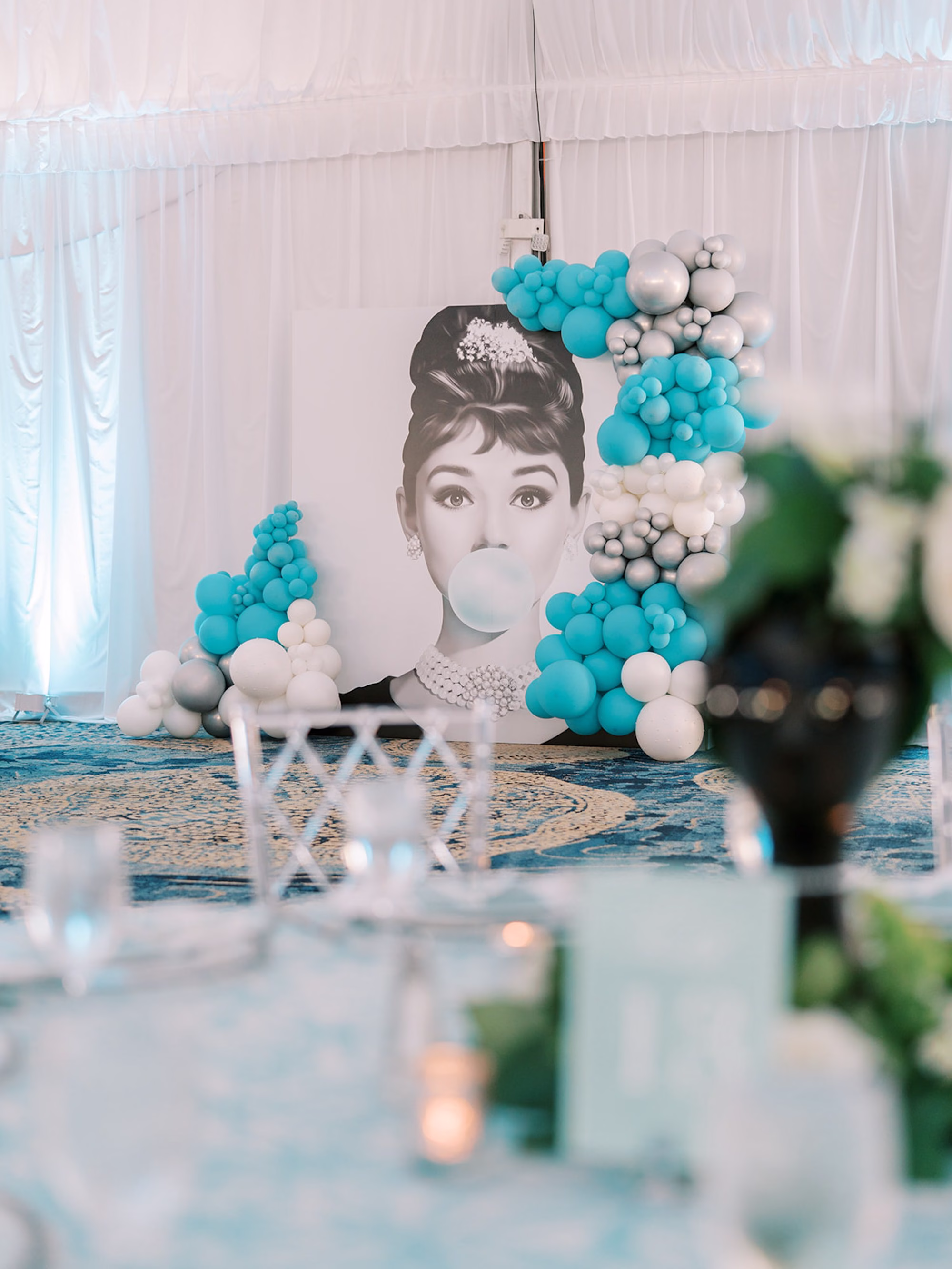 Breakfast at Tiffanys Blue Inspired Wedding Bridal Shower Inspiration | Audrey Hepburn with Balloons Step and Repeat