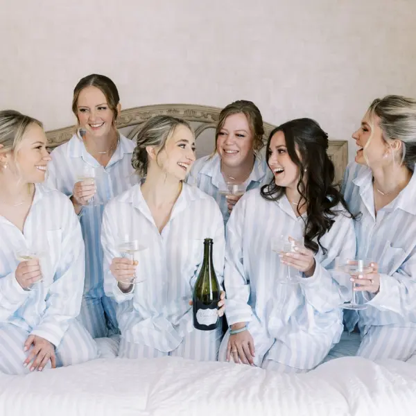 Bride and Bridesmaids Getting Ready Wedding Portrait | Matching Blue Pajamas Inspiration | Tampa Bay Hair and Makeup Artist Femme Akoi Beauty Studio
