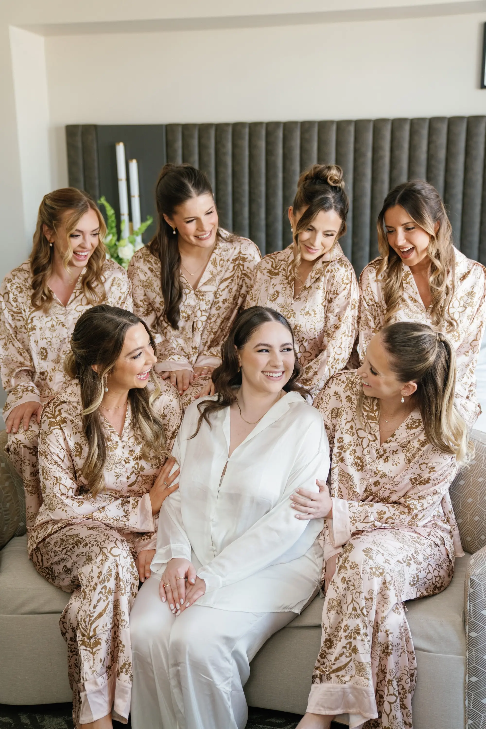 Bride and Bridesmaids Getting Ready Wedding Portrait in Floral Light Pink Matching PJ sets