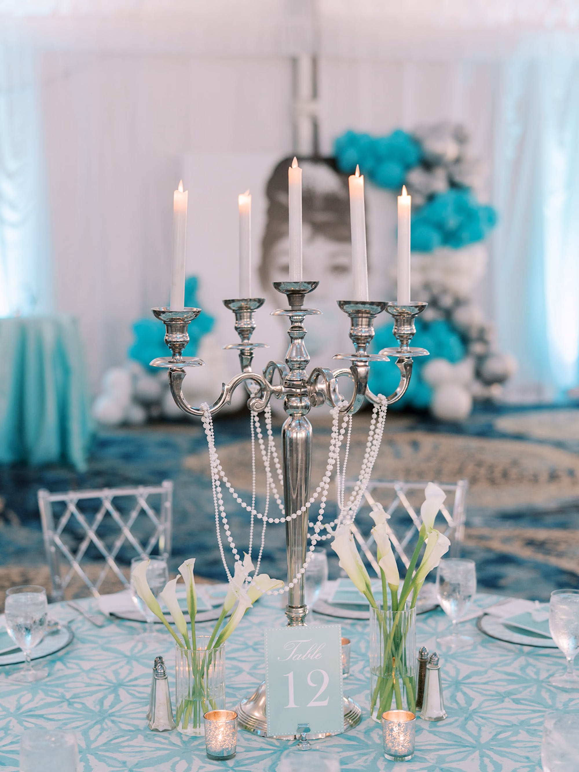 Breakfast at Tiffanys Blue Inspired Wedding Bridal Shower Ideas | Candelabra and Tulip Centerpiece Flowers | Tampa Outside the Box Event Rentals