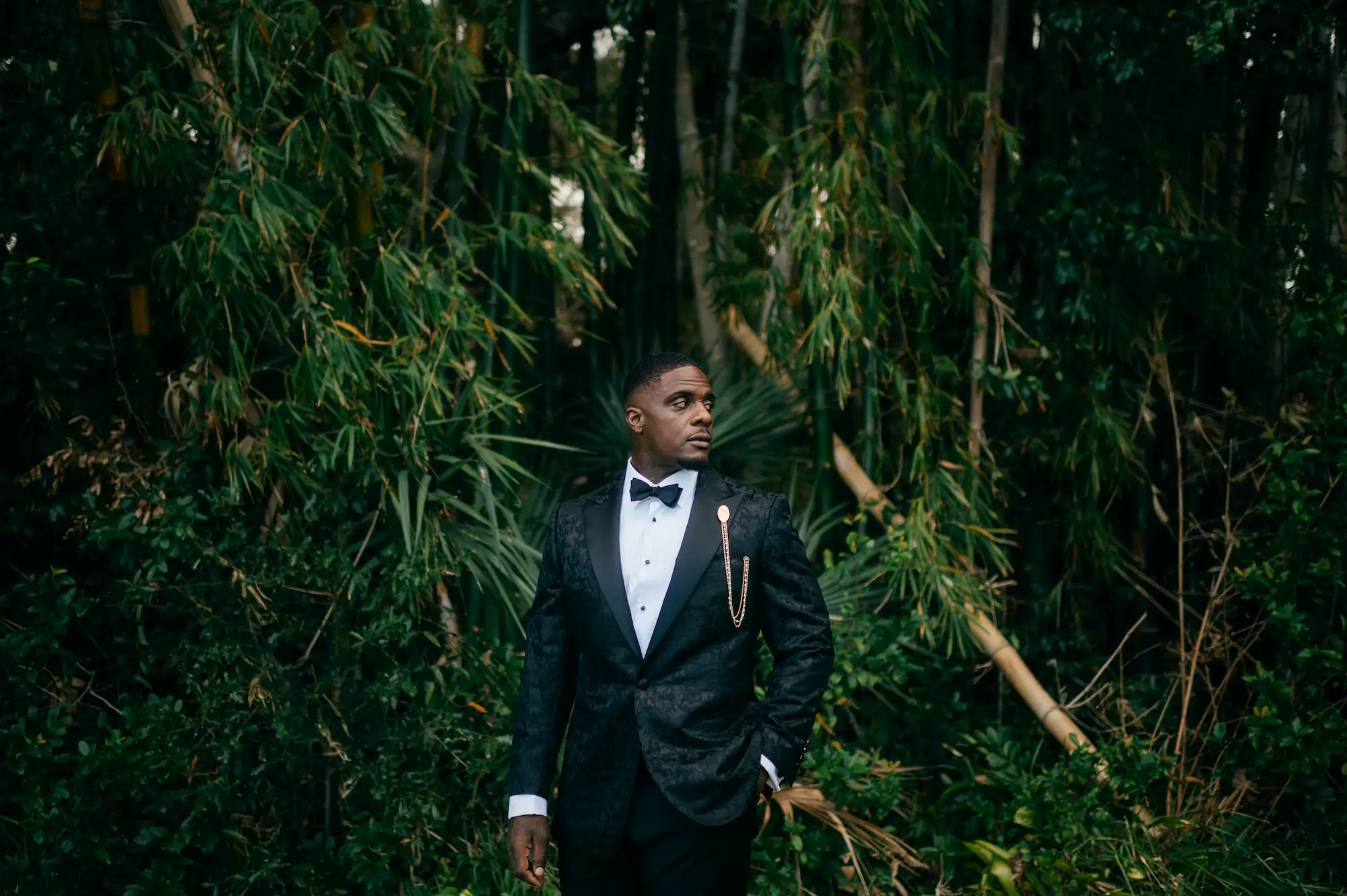 Groom Outdoor Wedding Portrait | Traditional Detailed Black and White Tuxedo Black Tie Attire Ideas