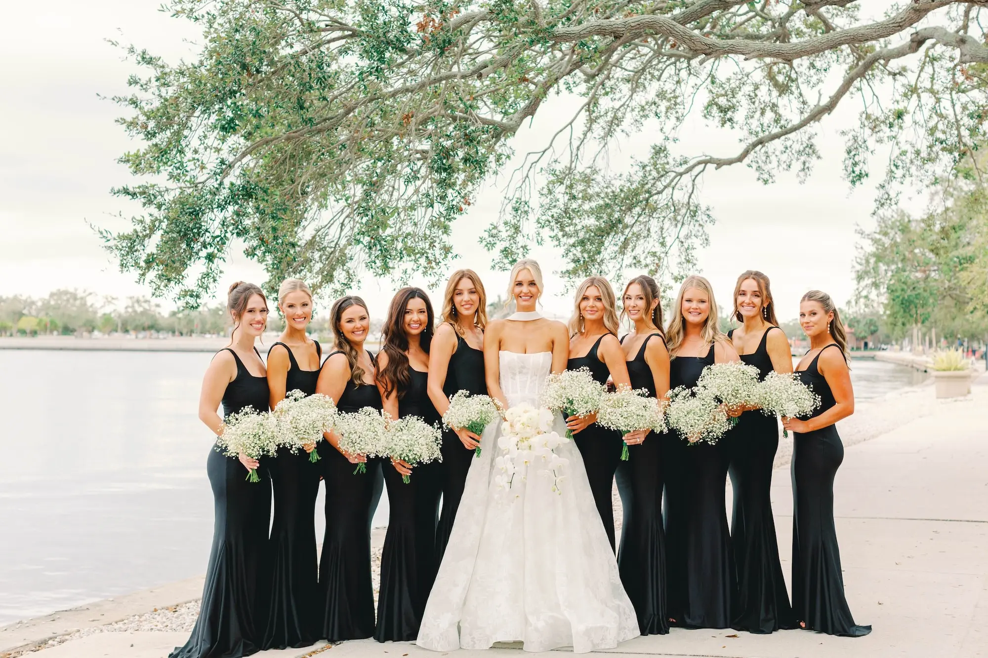 10Classic White and Green Wedding Ideas - Classic, White and Green St. Pete Wedding | The James Museum of Western & Wildlife Art Bride and Bridesmaids Wedding Portrait | Florida Winter Wedding Ideas | Black Square Neckline Long Bridesmaid Dresses Inspiration | White Baby's Breath Floral Bouquet Ideas