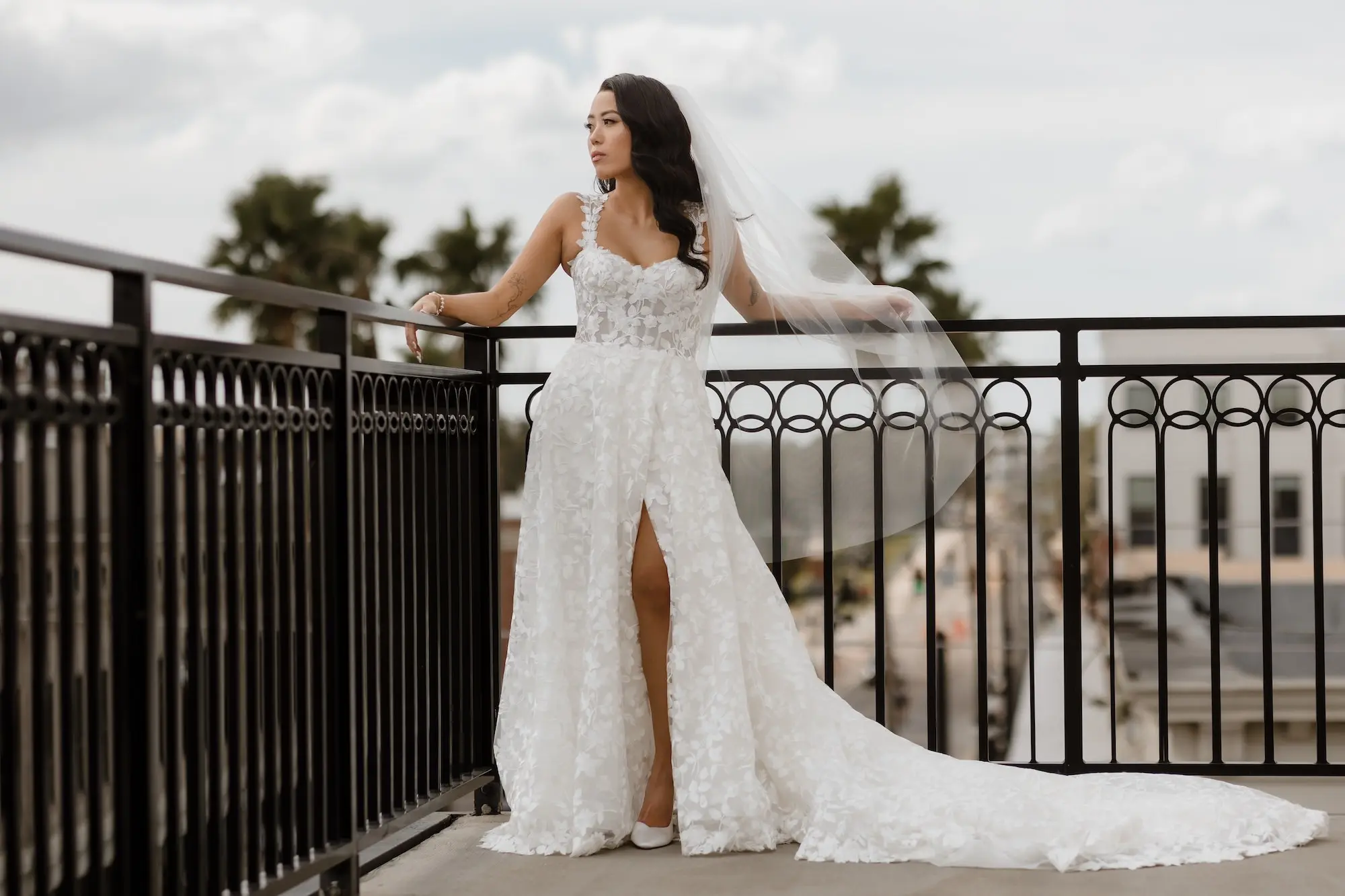 10Modern Romantic Wedding Inspiration Tampa Venue Hotel Haya - “Best Of” 2025: Wedding Portraits Bride Balcony Wedding Portrait | White Lace Detailed A-Line Wedding Gown with Full Ballgown Wedding Dress Inspiration | Tampa Bay Photographer Evoke Photo and Film