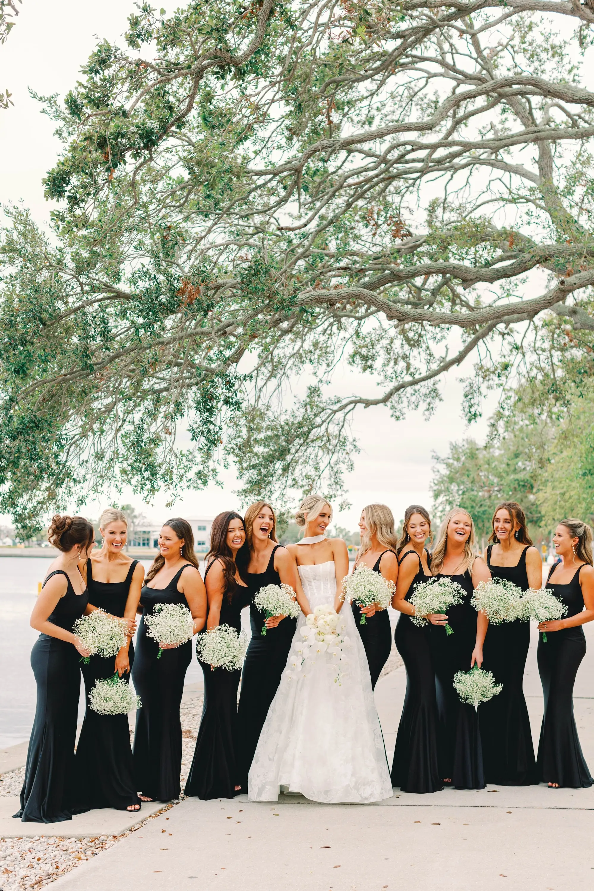 11Classic White and Green Wedding Ideas - Classic, White and Green St. Pete Wedding | The James Museum of Western & Wildlife Art Bride and Bridesmaids Wedding Portrait | White Baby's Breath Bouquet Ideas | Black Square Neckline Long Bridesmaid Dresses Inspiration | Timeless White Rose Bridal Bouquet Ideas