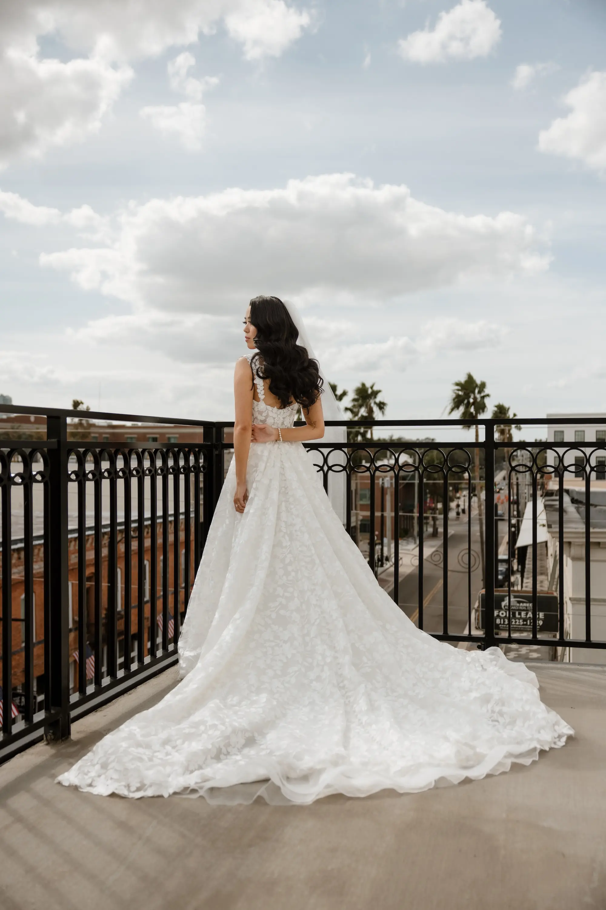 11Modern Romantic Wedding Inspiration Tampa Venue Hotel Haya - “Best Of” 2025: Wedding Portraits Bride Balcony Wedding Portrait | White Lace Detailed A-Line Wedding Gown with Full Ballgown Wedding Dress Inspiration | Tampa Bay Photographer Evoke Photo and Film