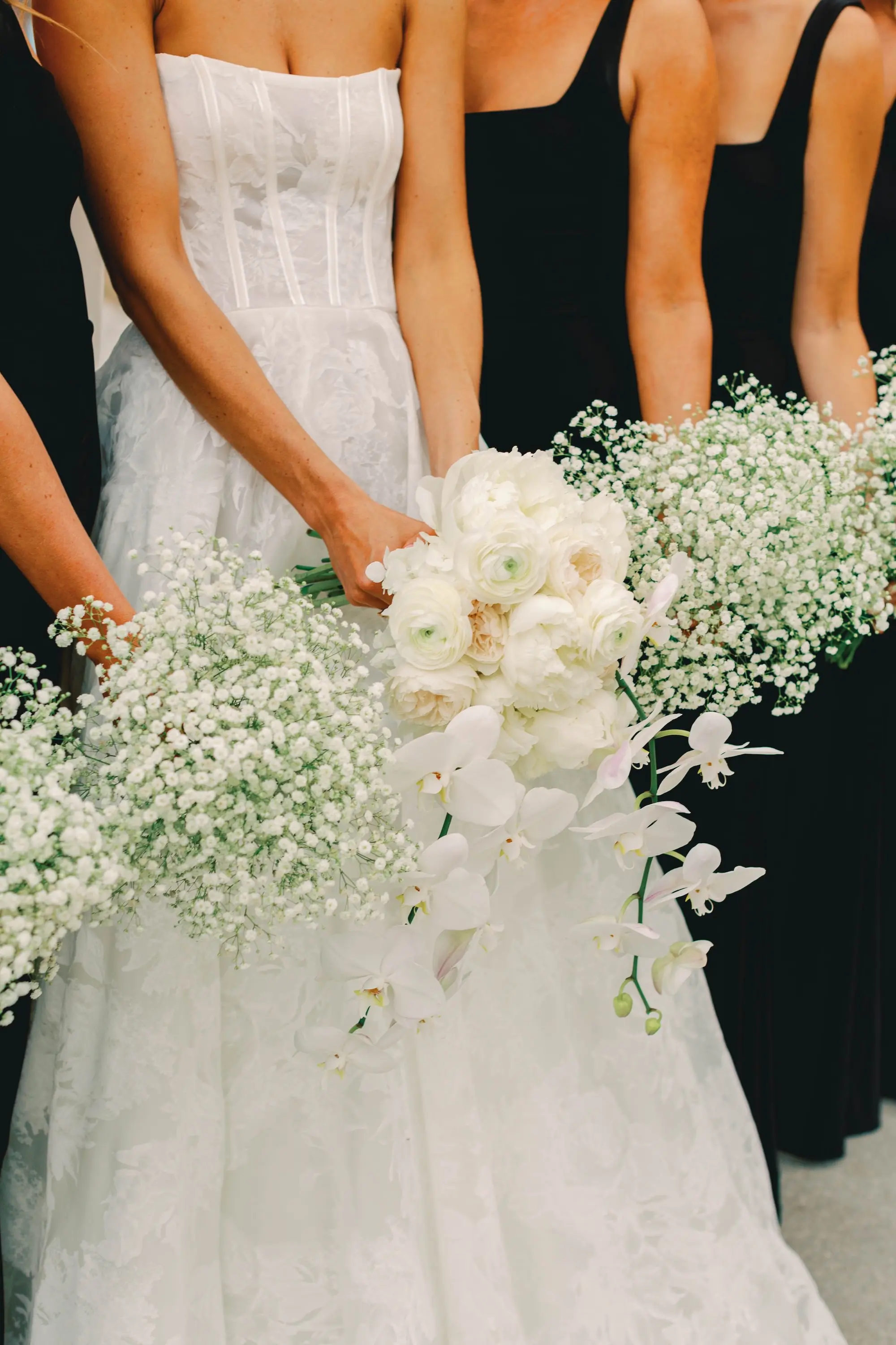 12Classic White and Green Wedding Ideas - Classic, White and Green St. Pete Wedding | The James Museum of Western & Wildlife Art Bride and Bridesmaids Wedding Portrait | Black Square Neckline Bridesmaid Dresses Inspiration | White Baby's Breath Bouquet Ideas | Timeless White Roses and Orchids Bridal Bouquet Inspiration