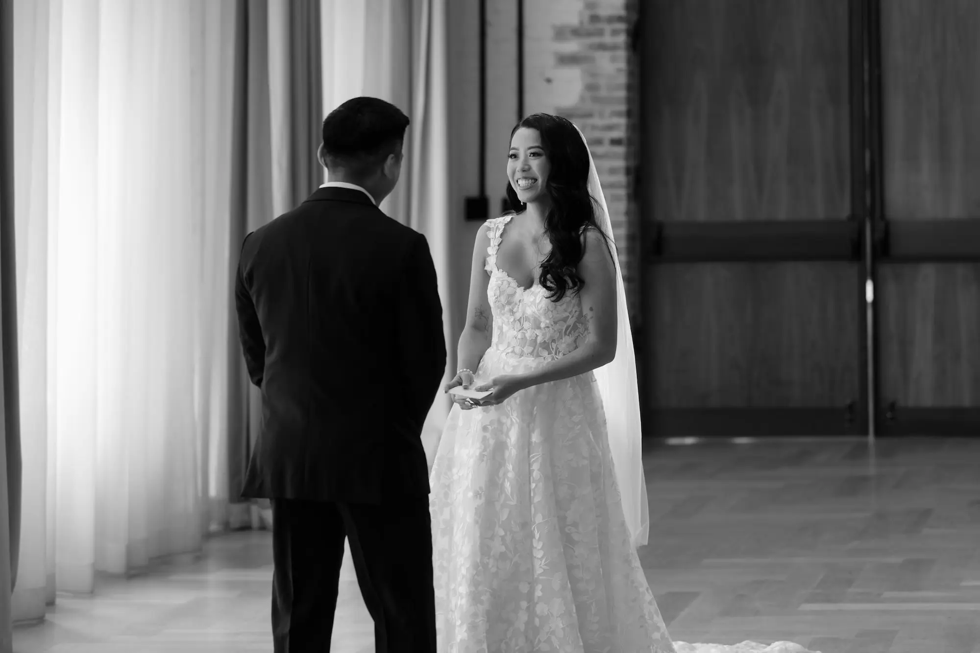 17Modern Romantic Wedding Inspiration - Modern, Moody Fall Ybor City Wedding | Hotel Haya Black and White Bride and Groom First Look Wedding Portrait | Tampa Bay Photographer Evoke Photo and Film