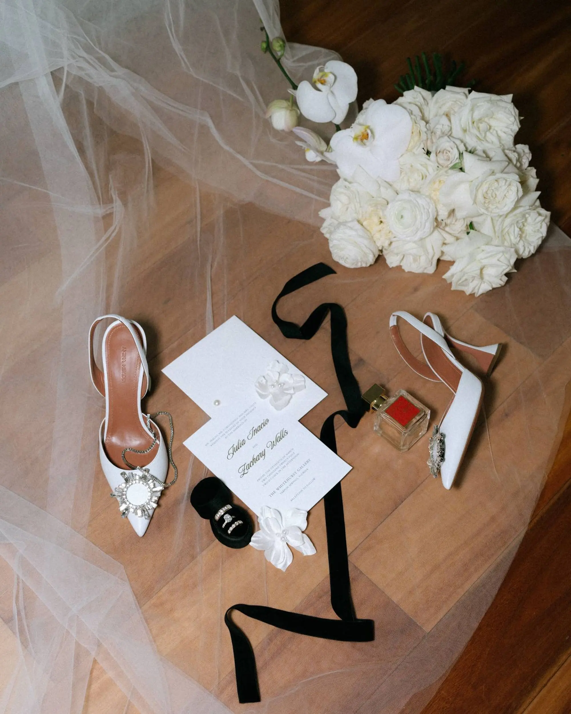 Elegant White and Black Wedding Invitation Suite Inspiration | White Amina Muaddi Wedding Shoe Ideas