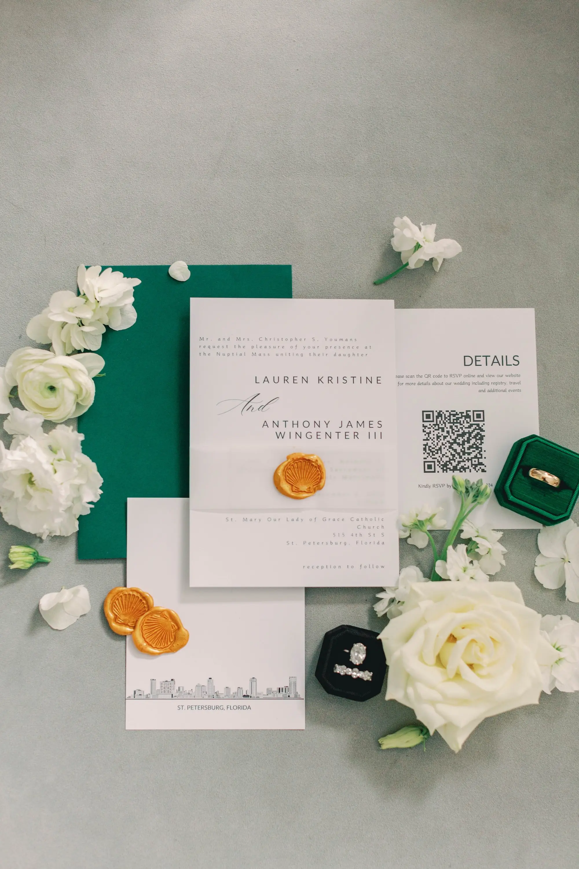 1Classic White and Green Wedding Ideas - Classic, White and Green St. Pete Wedding | The James Museum of Western & Wildlife Art Classic White and Black Wedding Invitation Suite Inspiration with Christmas Green Envelope