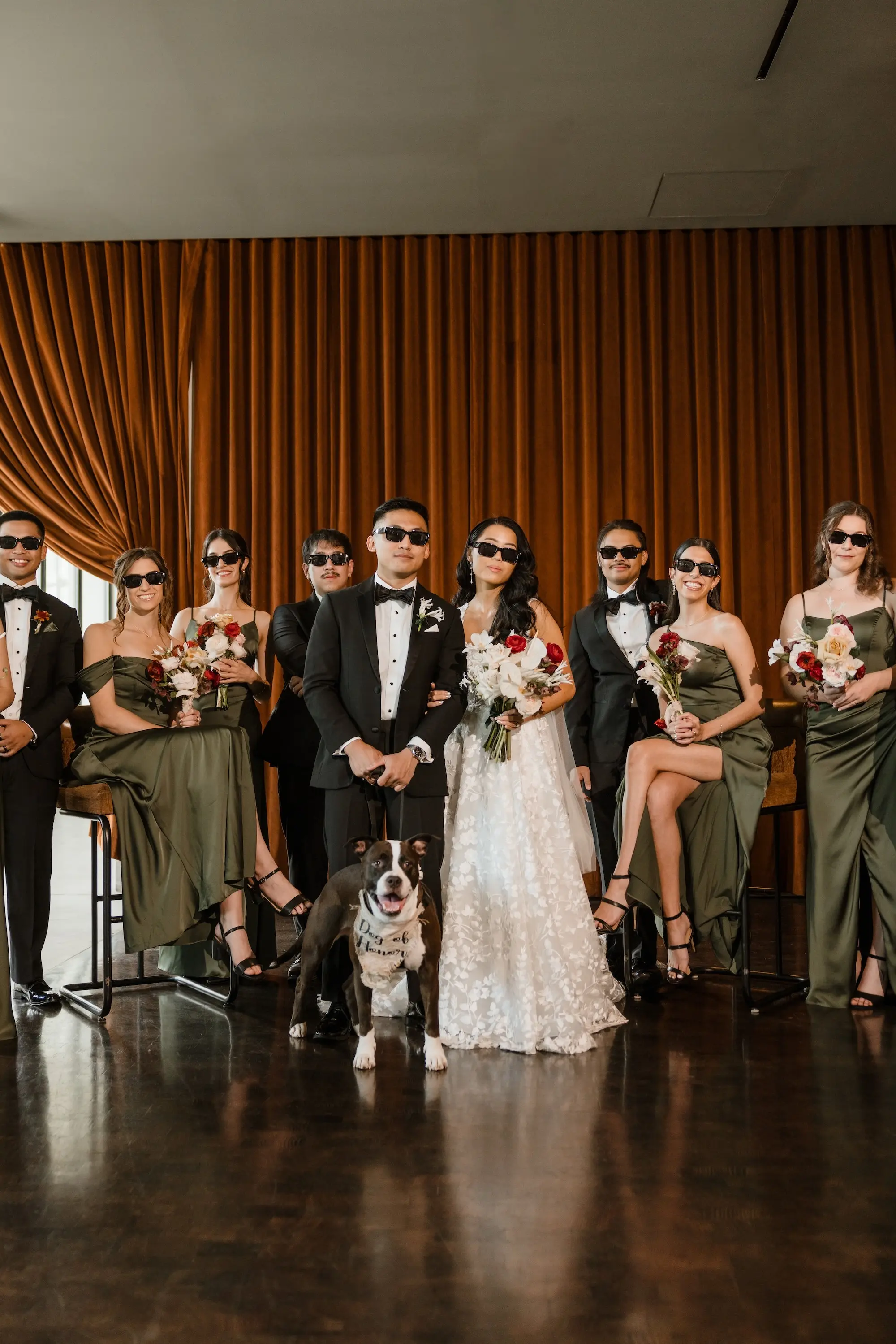 26Modern Romantic Wedding Inspiration - Modern, Moody Fall Ybor City Wedding | Hotel Haya Bride and Groom with Dog and Bridal Party Wedding Portrait | Mismatched Satin Olive Green Bridesmaid Dresses Inspiration | Tampa Bay Photographer Evoke Photo and Film