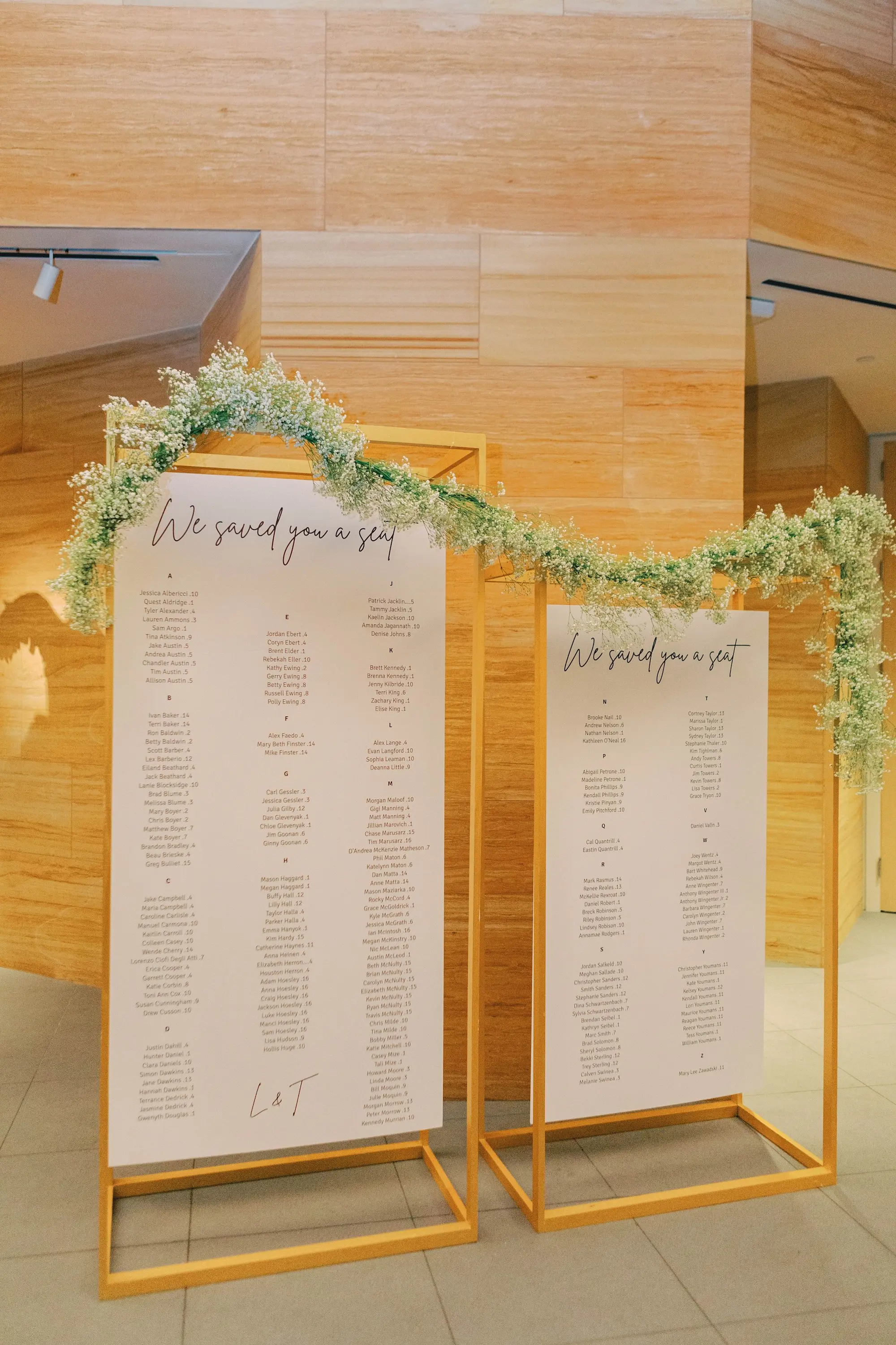 28Classic White and Green Wedding Ideas - Classic, White and Green St. Pete Wedding | The James Museum of Western & Wildlife Art Modern White and Gold Seating Chart Wedding Reception Decor Ideas | White Baby's Breath Garland Floral Decor Inspiration