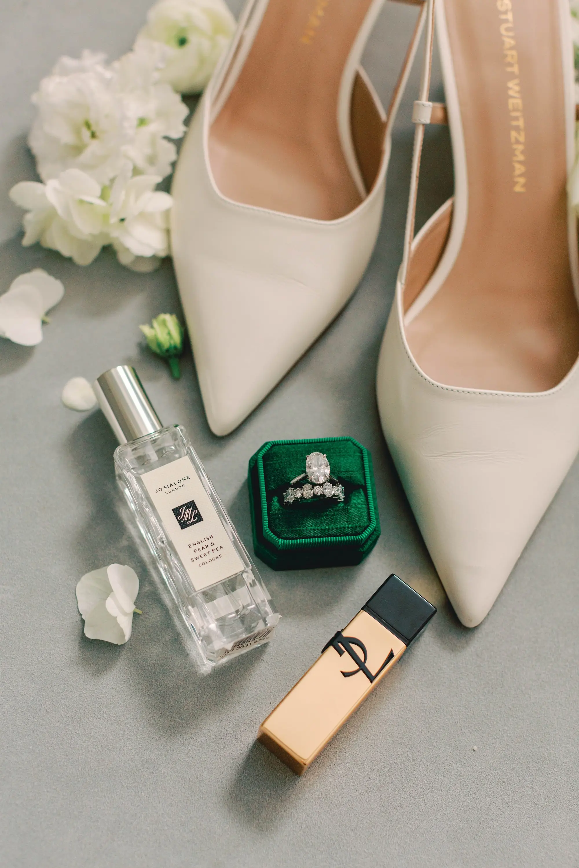 2Classic White and Green Wedding Ideas - Classic, White and Green St. Pete Wedding | The James Museum of Western & Wildlife Art Timeless Bridal Wedding Accessories Ideas | Classic White Stuart Weitzman Wedding Heels Inspiration | Velvet Christmas Green Ring Box with Oval oval Cushion Cut Diamond Engagement Ring Ideas | Jo Malone London English Pear & Sweet Pea Cologne Ideas | Yves Saint Laurent Lipstick Inspiration