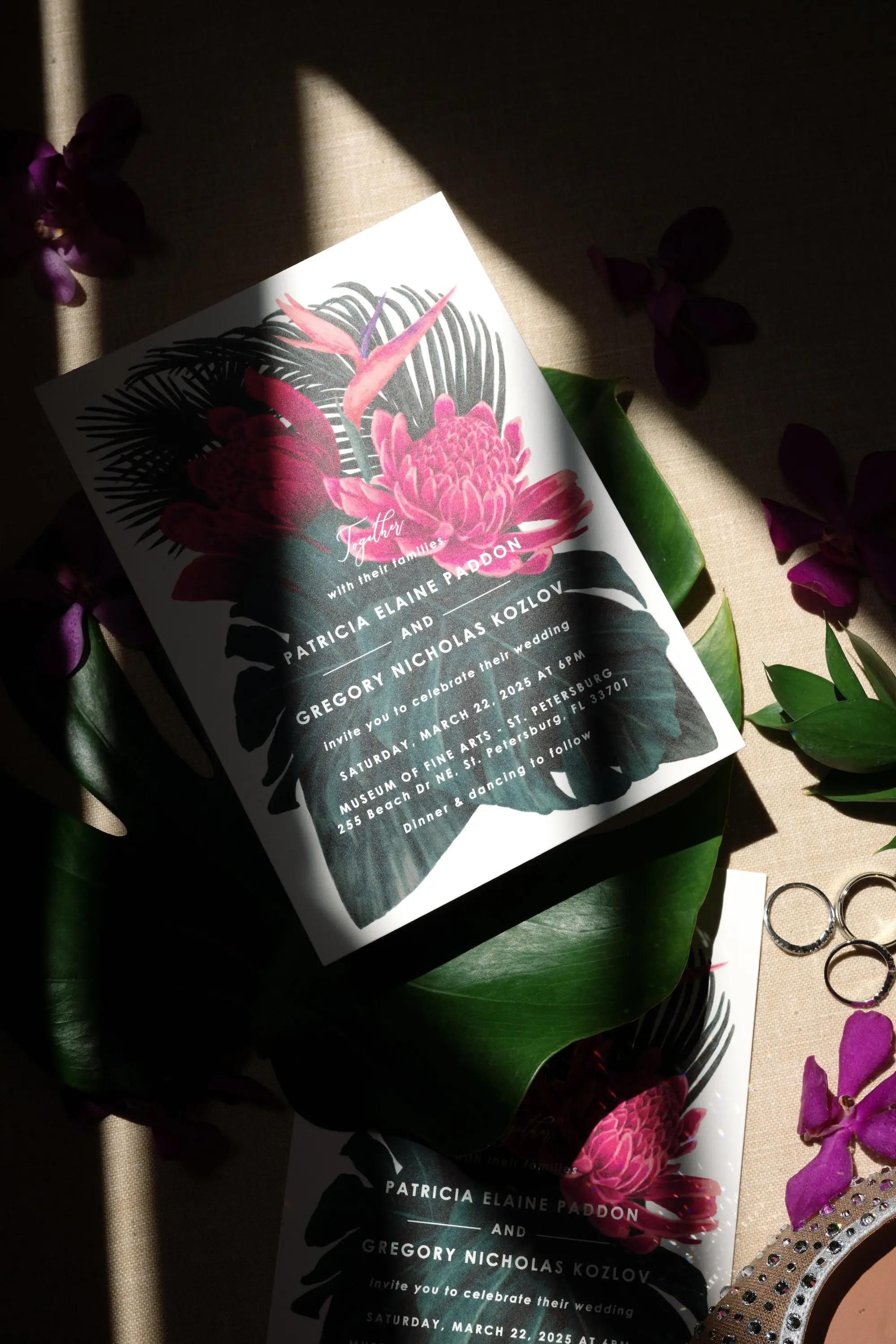 Emerald Green and Pink Tropical Wedding Invitation Suite