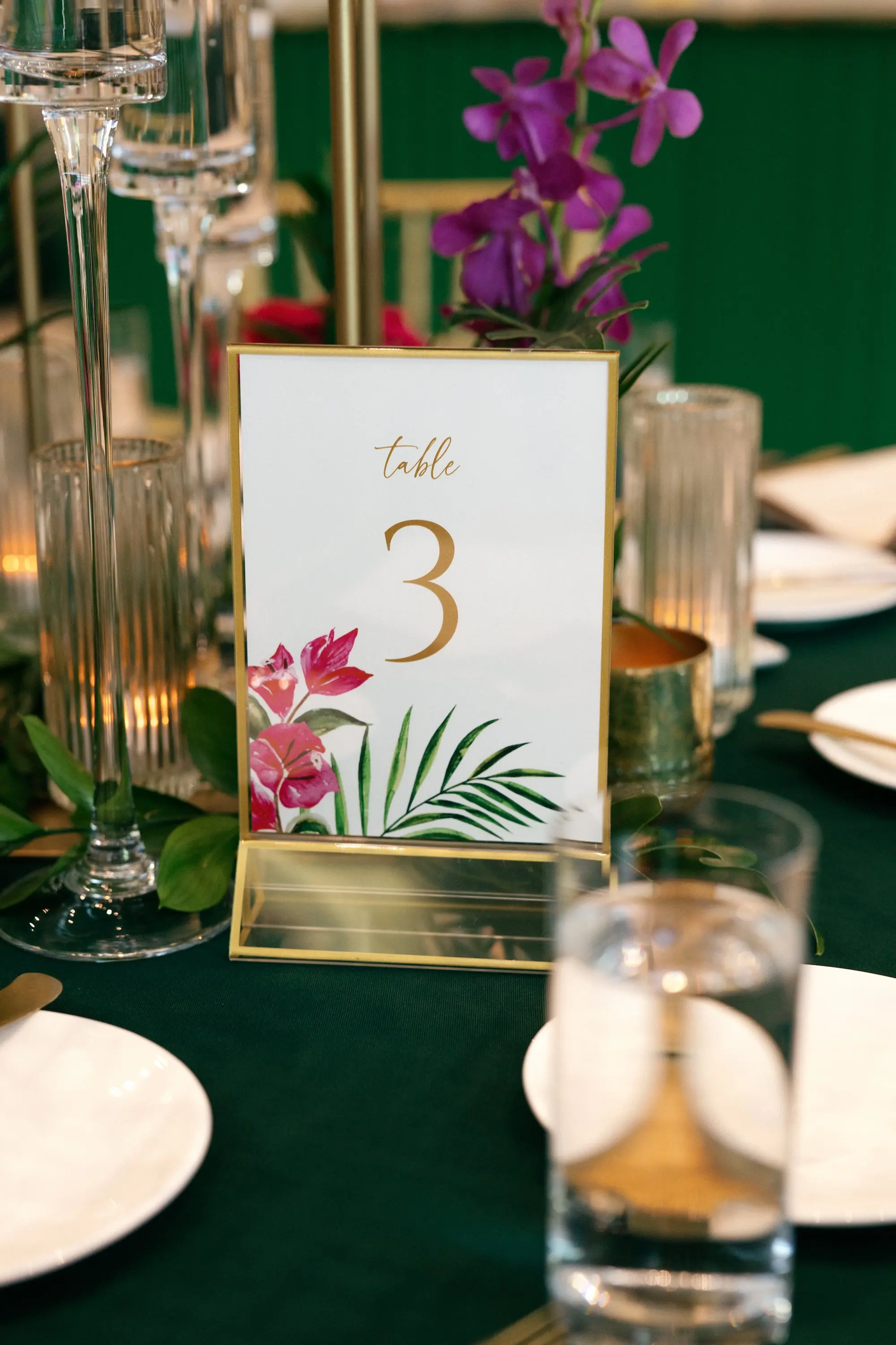 Emerald Green and Pink Tropical Wedding Reception Centerpiece Decor Inspiration