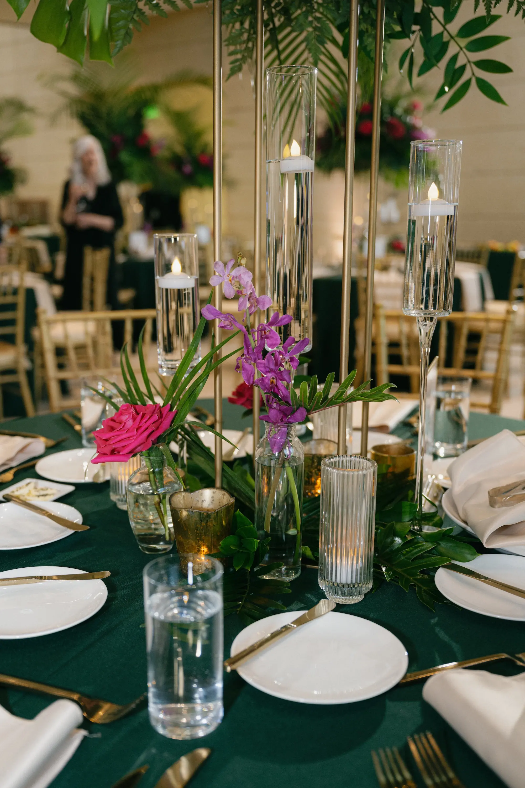 Emerald Green and Pink Tropical Wedding Reception Centerpiece Decor Inspiration