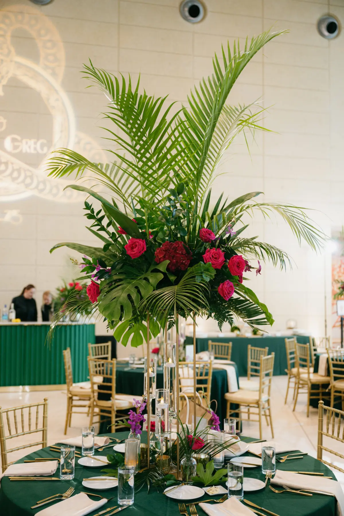 Emerald Green and Pink Tropical Wedding Reception Centerpiece Decor Inspiration