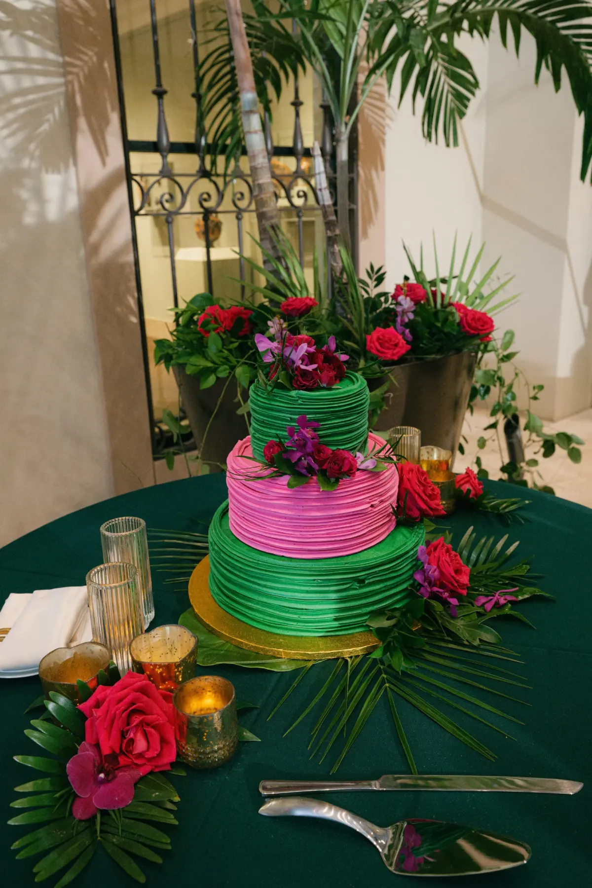 Emerald Green and Pink Tropical Three-Tiered Round Wedding Cake Inspiration