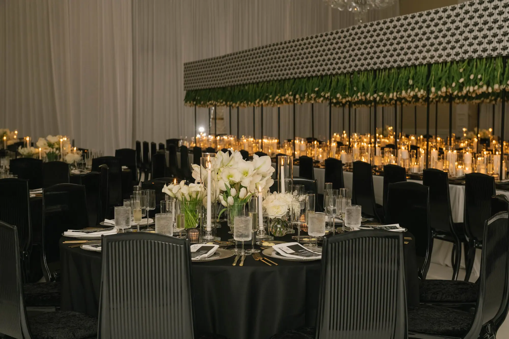 Romantic Modern Luxurious Black and White Candlelit Wedding Reception Decor Ideas | Long Feasting Tables with Black Chairs | White Flower Centerpieces | Tampa Bay Event Planner Parties a La Carte