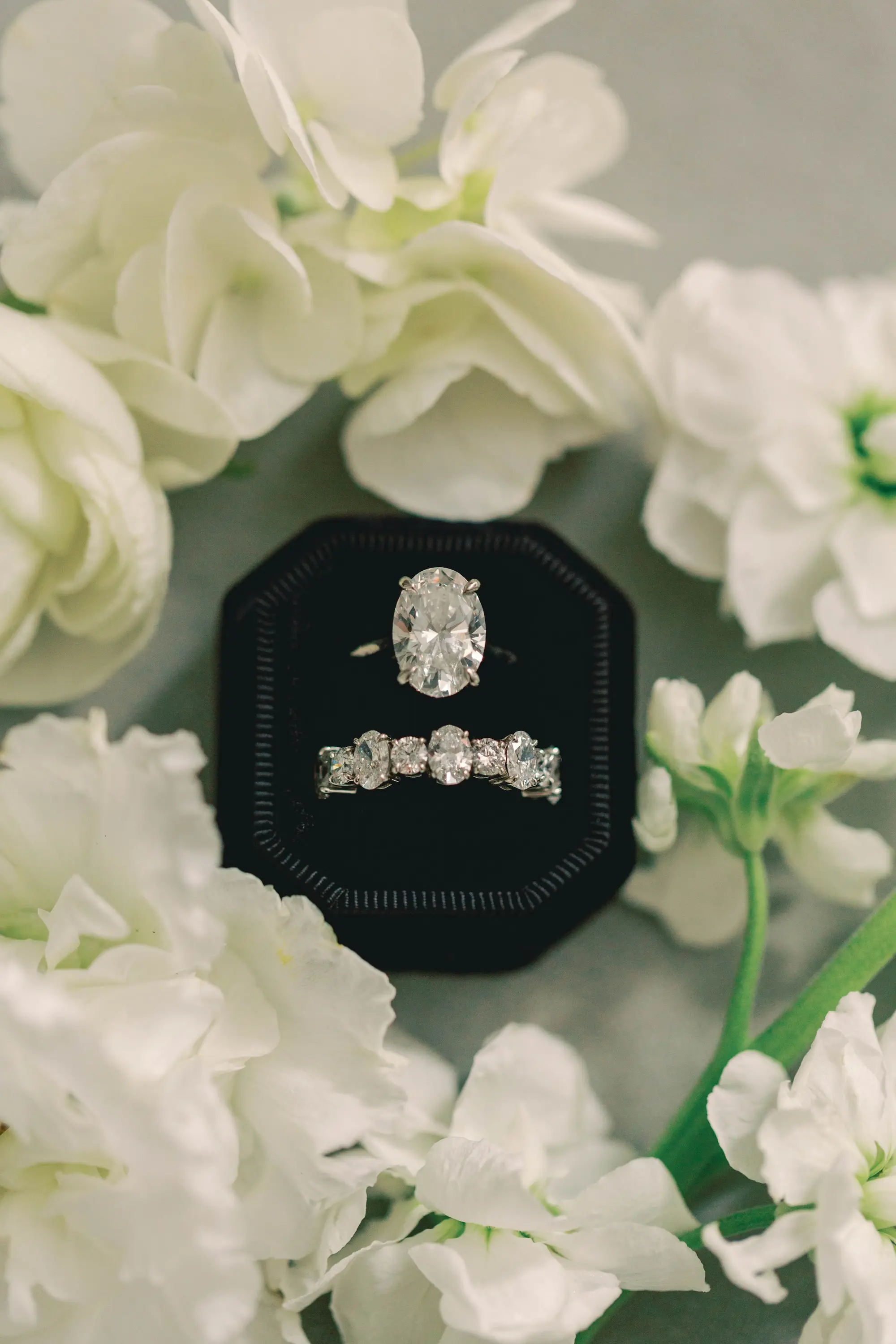 3Classic White and Green Wedding Ideas - Classic, White and Green St. Pete Wedding | The James Museum of Western & Wildlife Art Velvet Dark Green Ring Box with Oval oval Cushion Cut Diamond Wedding Engagement Ring Inspiration