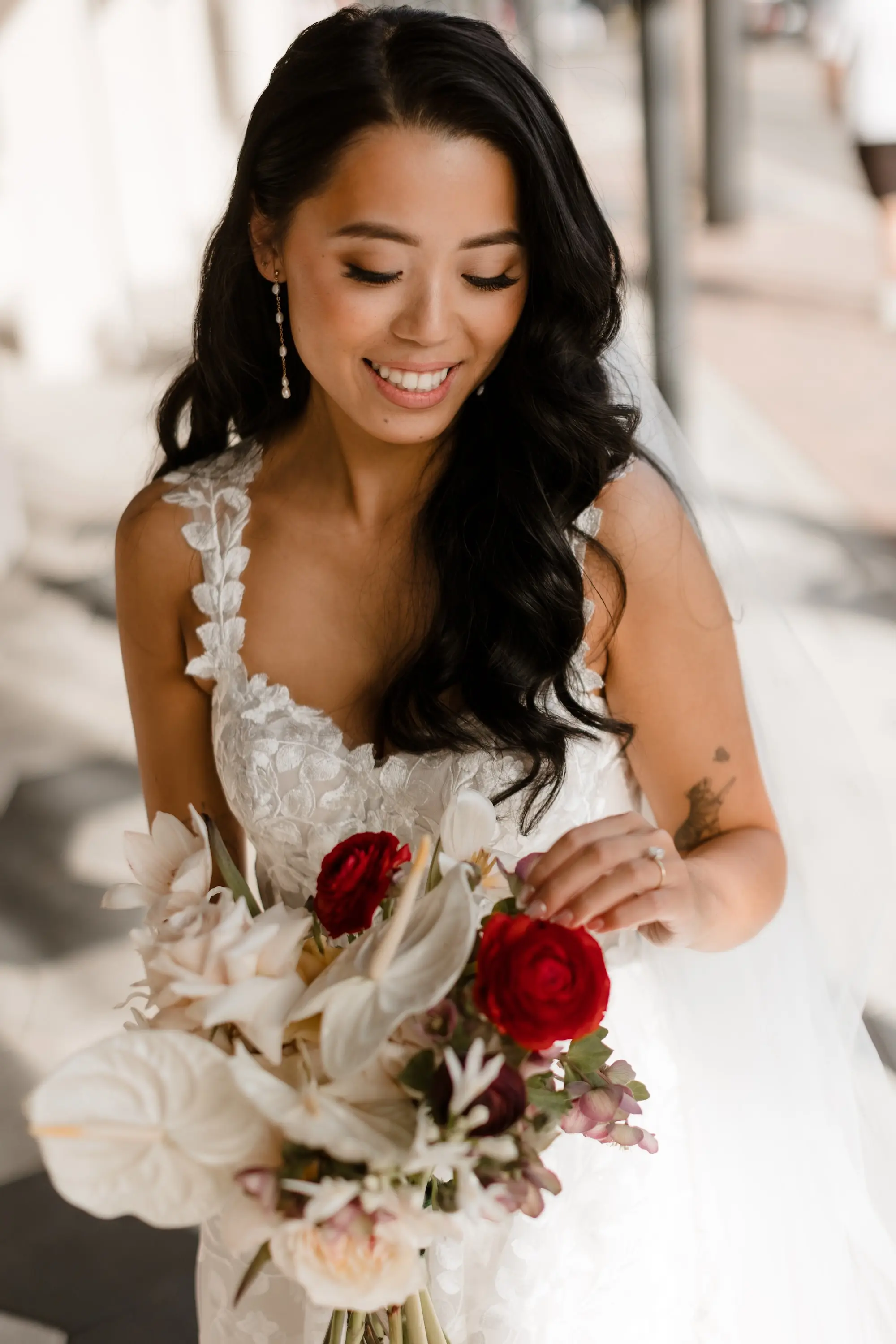 44Modern Romantic Wedding Inspiration - Modern, Moody Fall Ybor City Wedding | Hotel Haya Bride Wedding Portrait | Floral Detailing Lace White Fitted Bodice with Sweetheart Neckline Penelope by Lex Wedding Gown Inspiration | Tampa Bay Photographer and Videographer Evoke Photo and Film