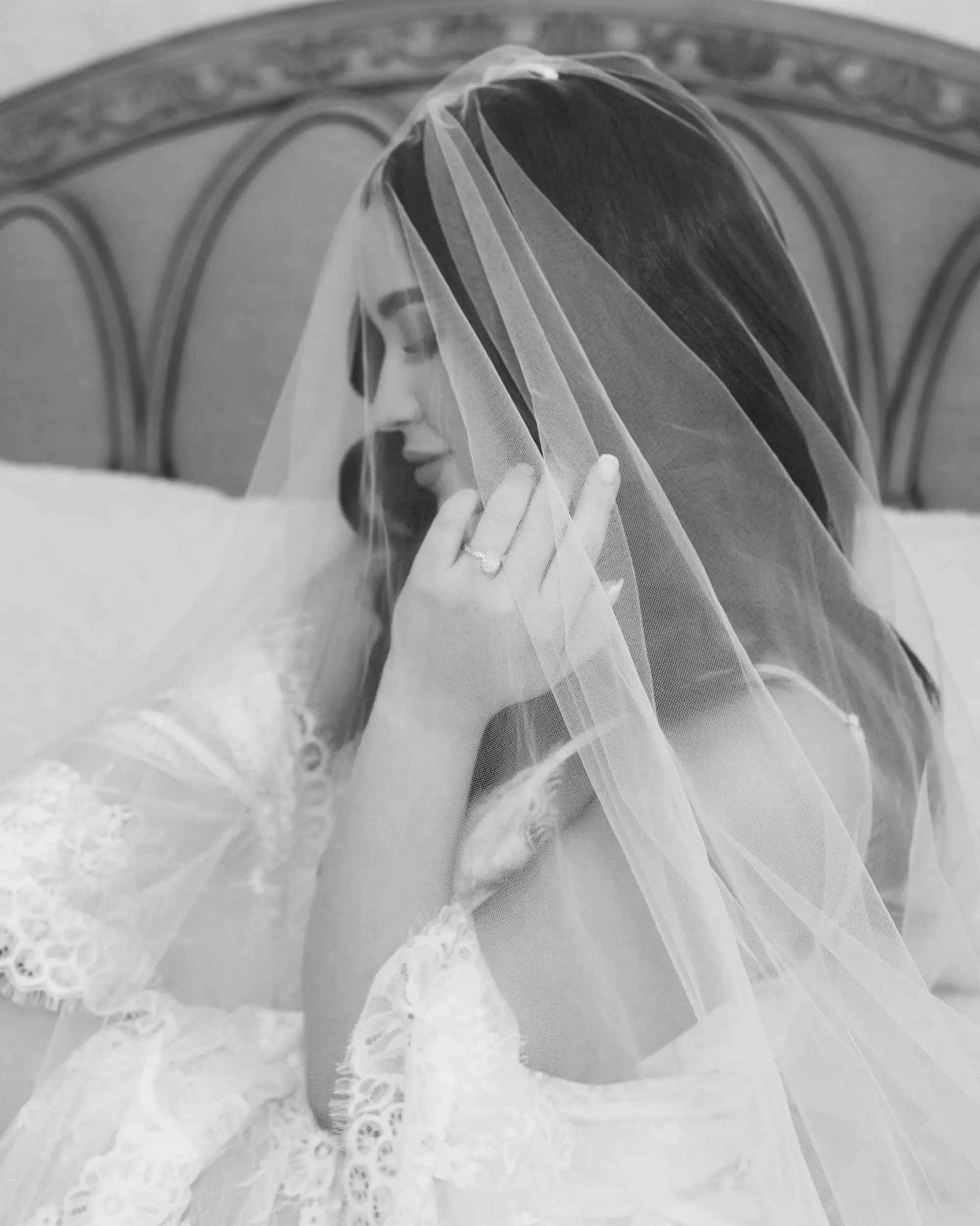 Black and White Bride in Chiffon Veil Wedding Portrait