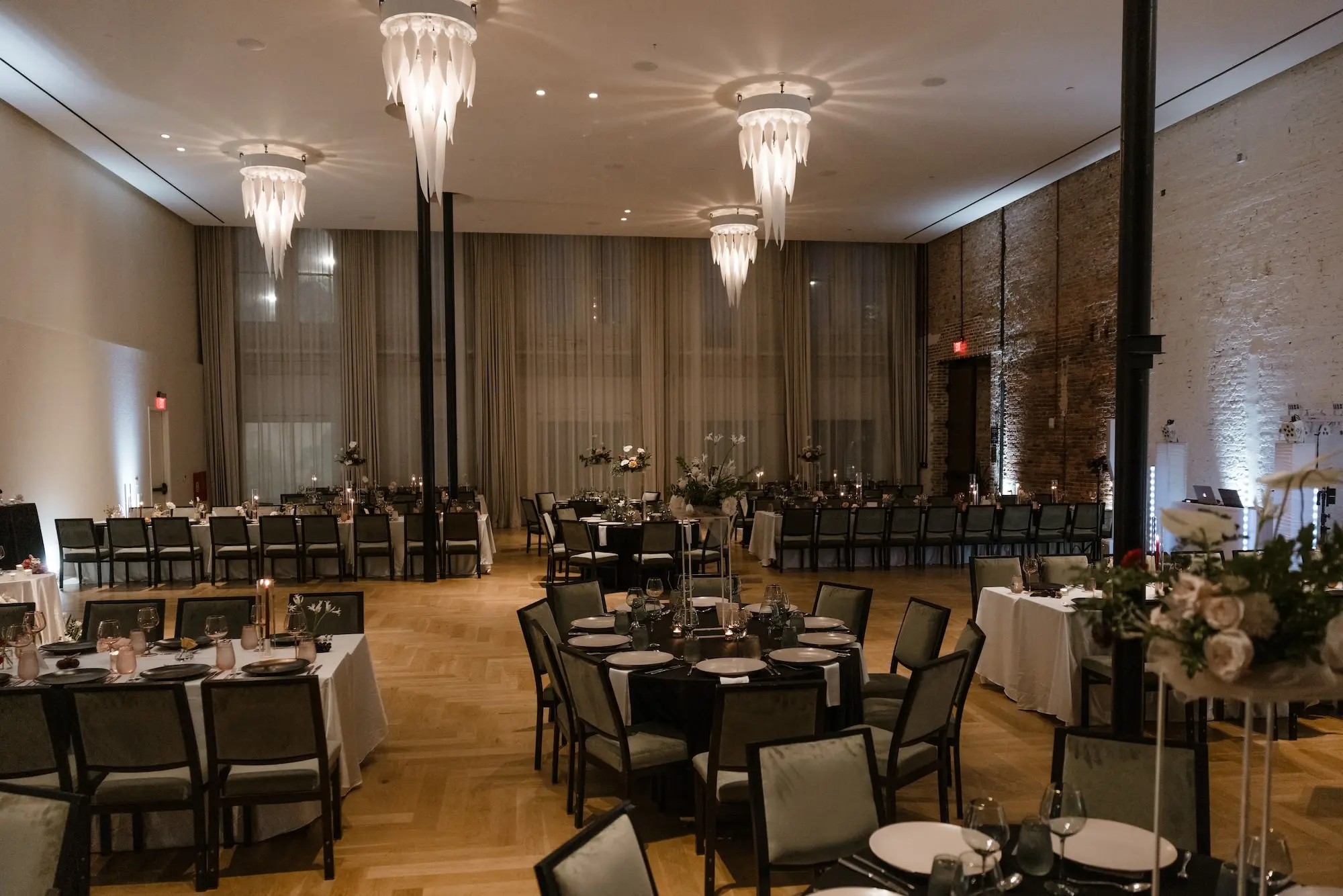 51Modern Romantic Wedding Inspiration Tampa Venue Hotel Haya - Modern, Moody Fall Ybor City Wedding | Hotel Haya Modern, Industrial Exposed Brick Ballroom Wedding Reception | Black Linear Chairs Ideas | Monochromatic Black Wedding Palette Inspiration | Venue Hotel Haya | Tampa Bay Event Planner Wilder Minds Events