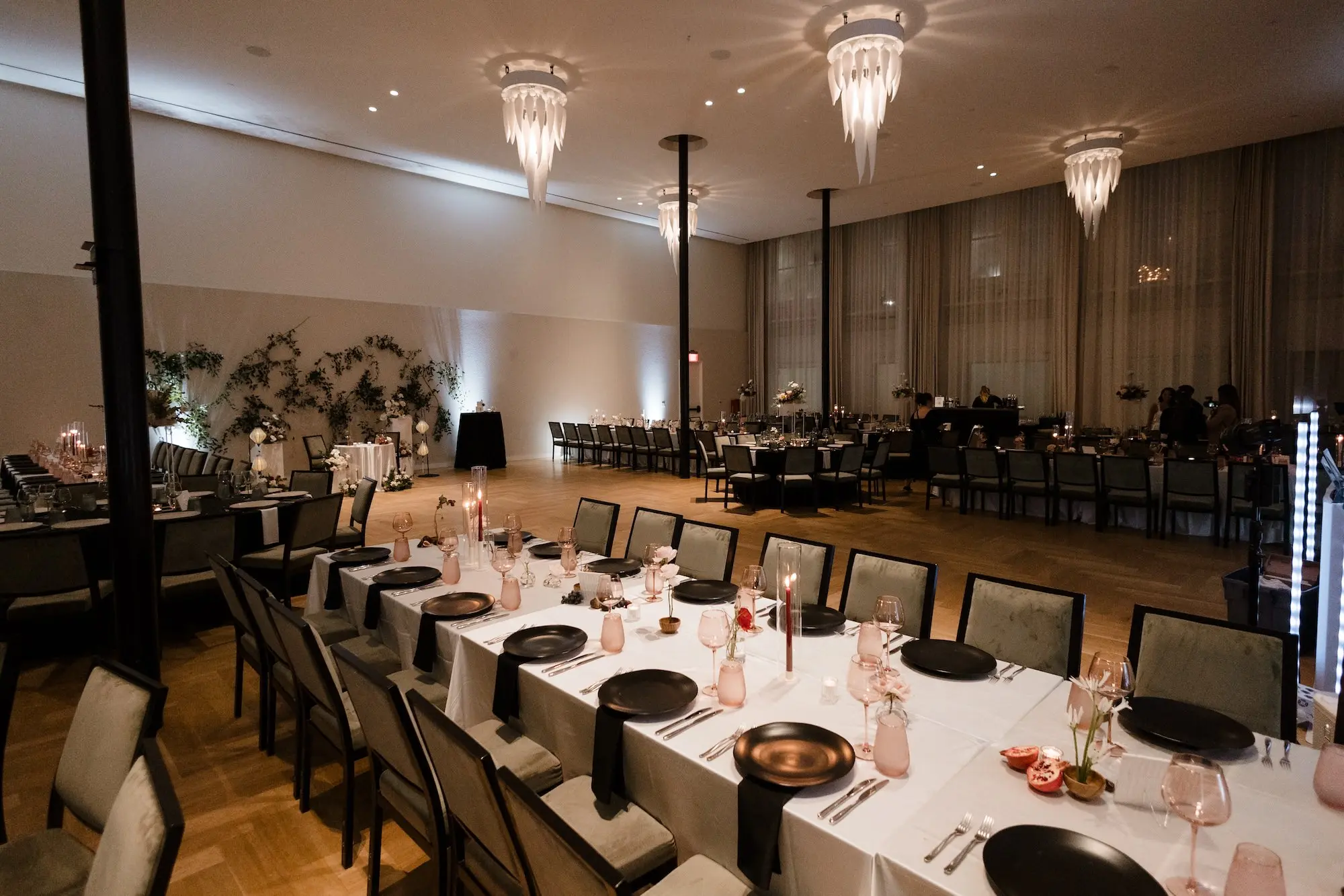 59Modern Romantic Wedding Inspiration Tampa Venue Hotel Haya - Modern, Moody Fall Ybor City Wedding | Hotel Haya Modern, Elegant Ballroom Wedding Reception | Black Linear Chairs Ideas | Monochromatic Black Wedding Palette Inspiration | Venue Hotel Haya | Tampa Bay Event Planner Wilder Minds Events