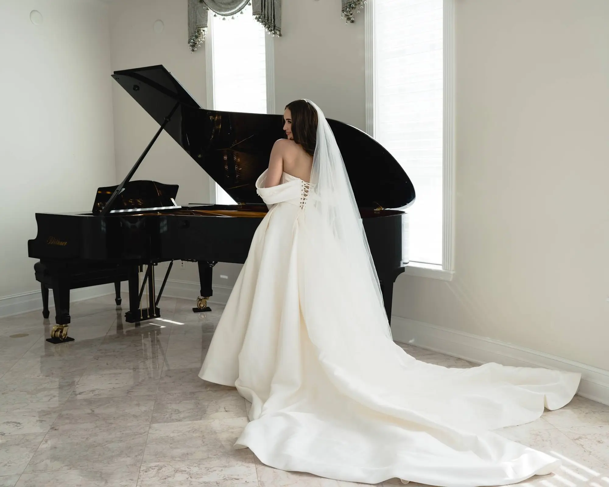 Bride with Grand Piano Wedding Portrait | Classic White Off-the-Shoulder Ball Gown Milla Nova Wedding Dress Inspiration | Tarpon Springs Estate Venue Whitehurst Gallery