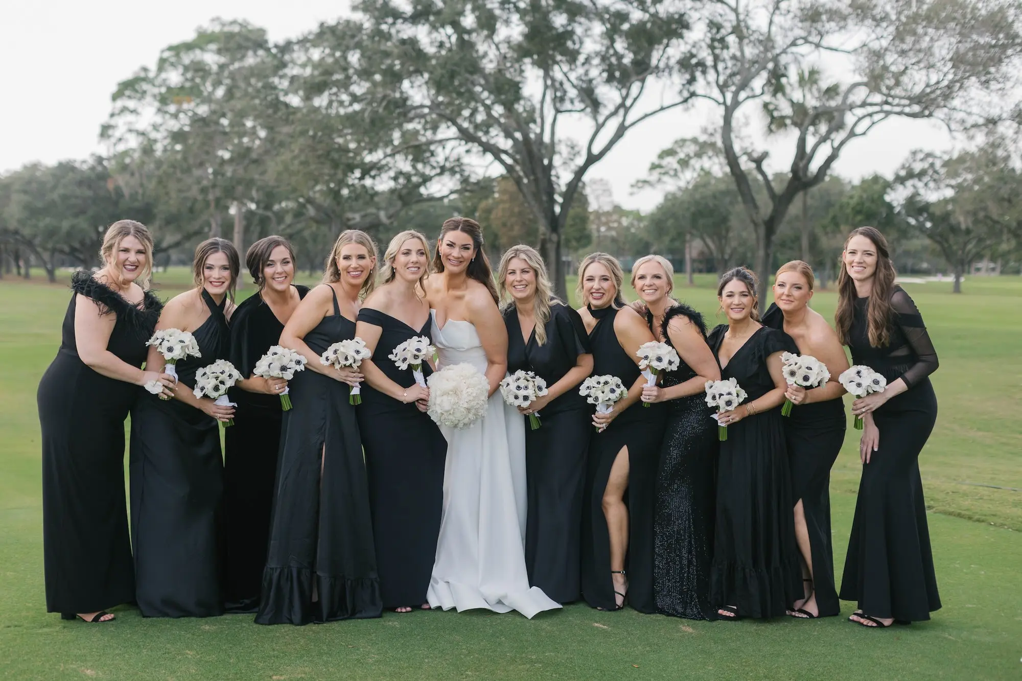 Bride with Bridesmaids Wedding Portrait | Mismatched Black Bridesmaids Dress Inspiration