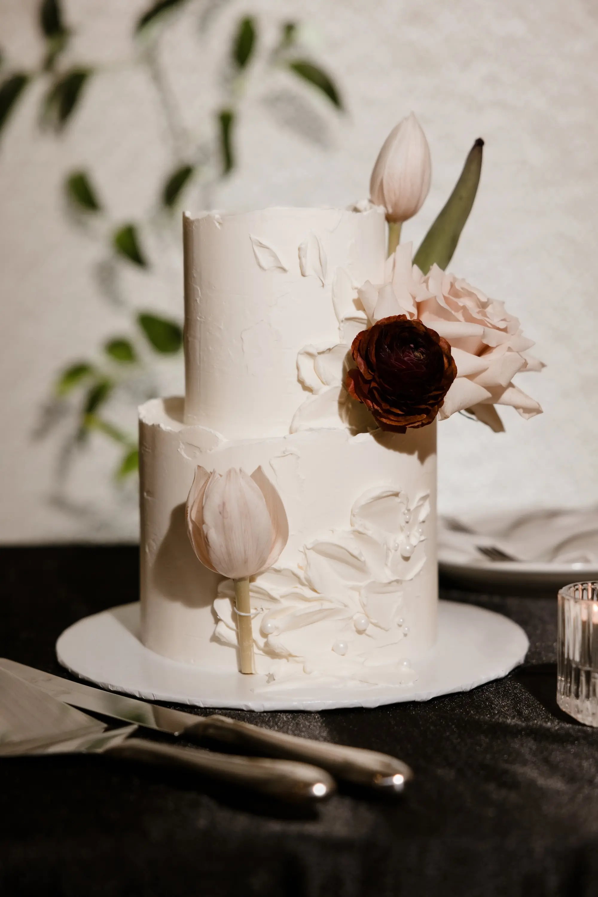 70Modern Romantic Wedding Inspiration - Modern, Moody Fall Ybor City Wedding | Hotel Haya Simple, Modern Two Tier Wedding Cake with White and Red Tulip Floral Decor Inspiration