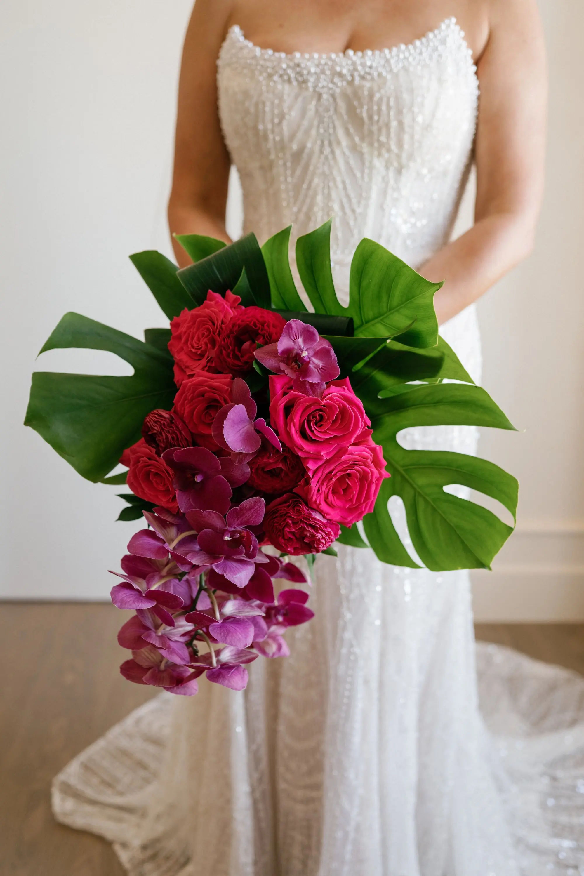 Tropical Pink Bridal Wedding Bouquet with Green Leaves Inspiration