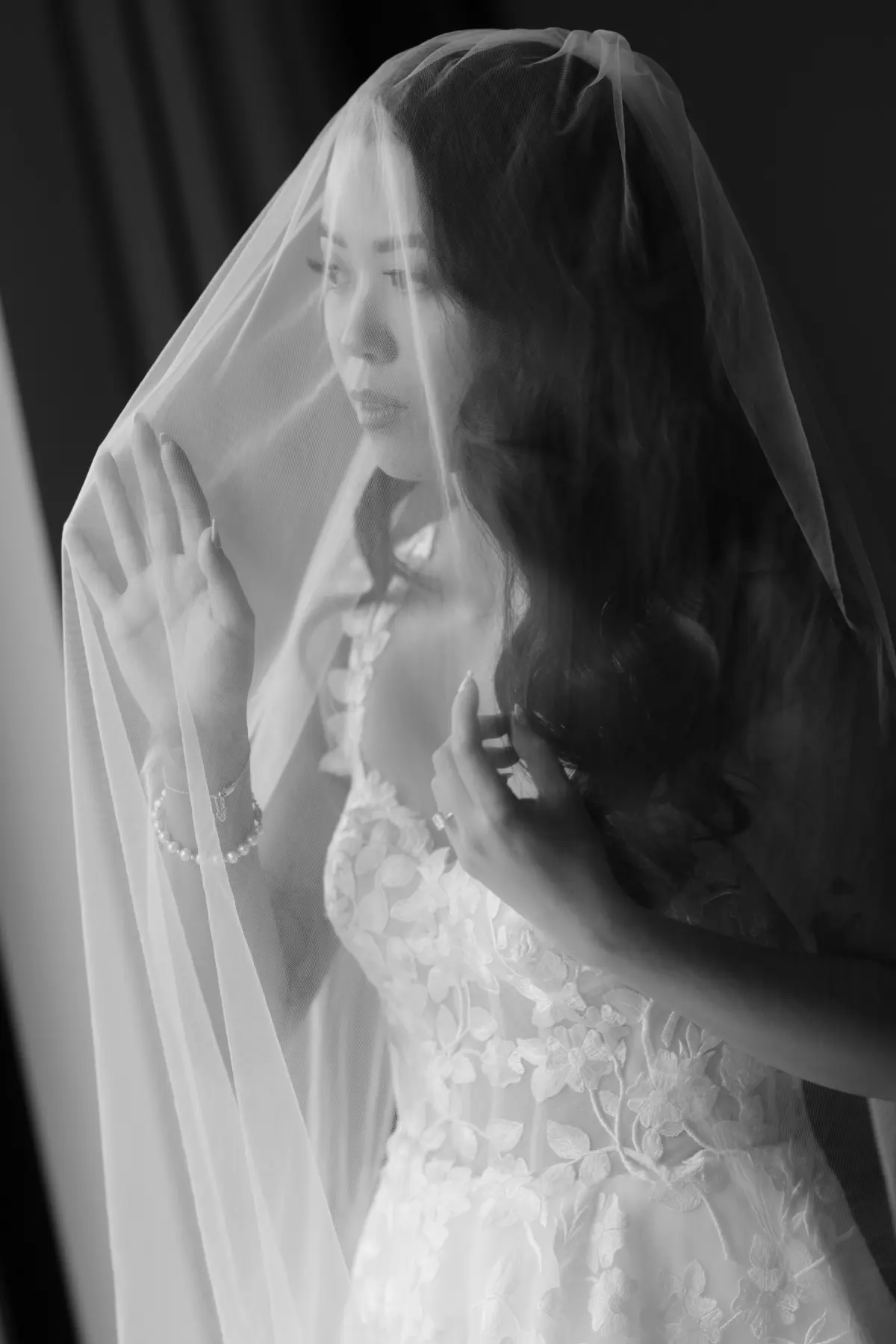 7Modern Romantic Wedding Inspiration - “Best Of” 2025: Wedding Portraits Black and White Bride in Traditional Chiffon Veil Wedding Portrait | Tampa Bay Photographer Evoke Photo and Film