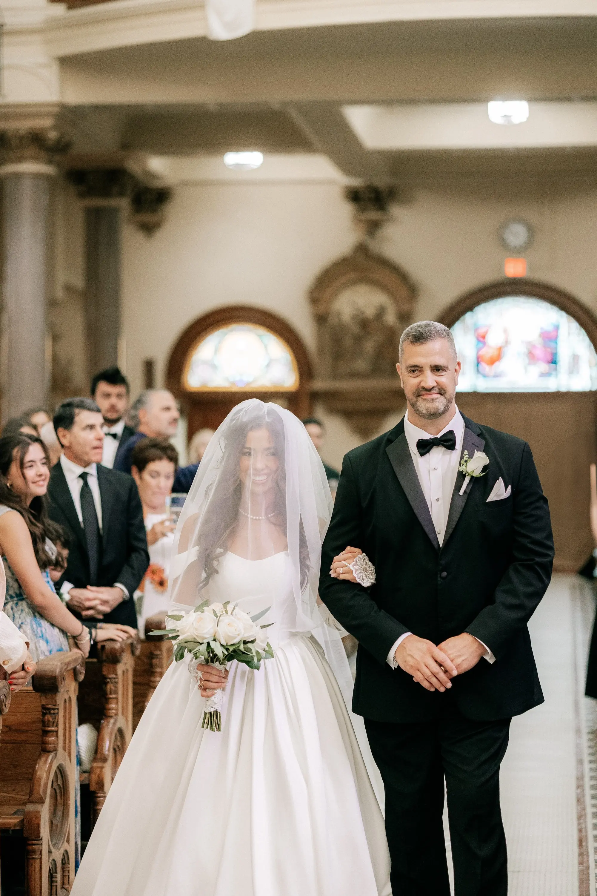13Classic Gold and White Wedding Decor Inspiration - Classic, Ivory Rooftop Wedding | Grand Hyatt Tampa Bay Bride and Father Walking Down Wedding Ceremony Aisle | Traditional Catholic Mass Wedding Ideas | Classic White Roses Bridal Bouquet Inspiration | Sacred Heart Catholic Church Wedding Ceremony Venue