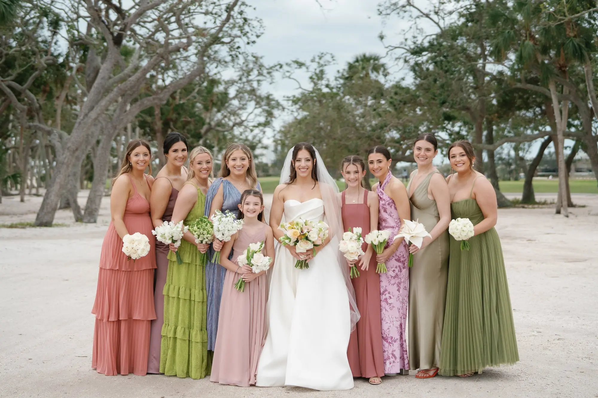 Mismatched Pink, Green, and Blue Bridesmaids Wedding Dress Ideas