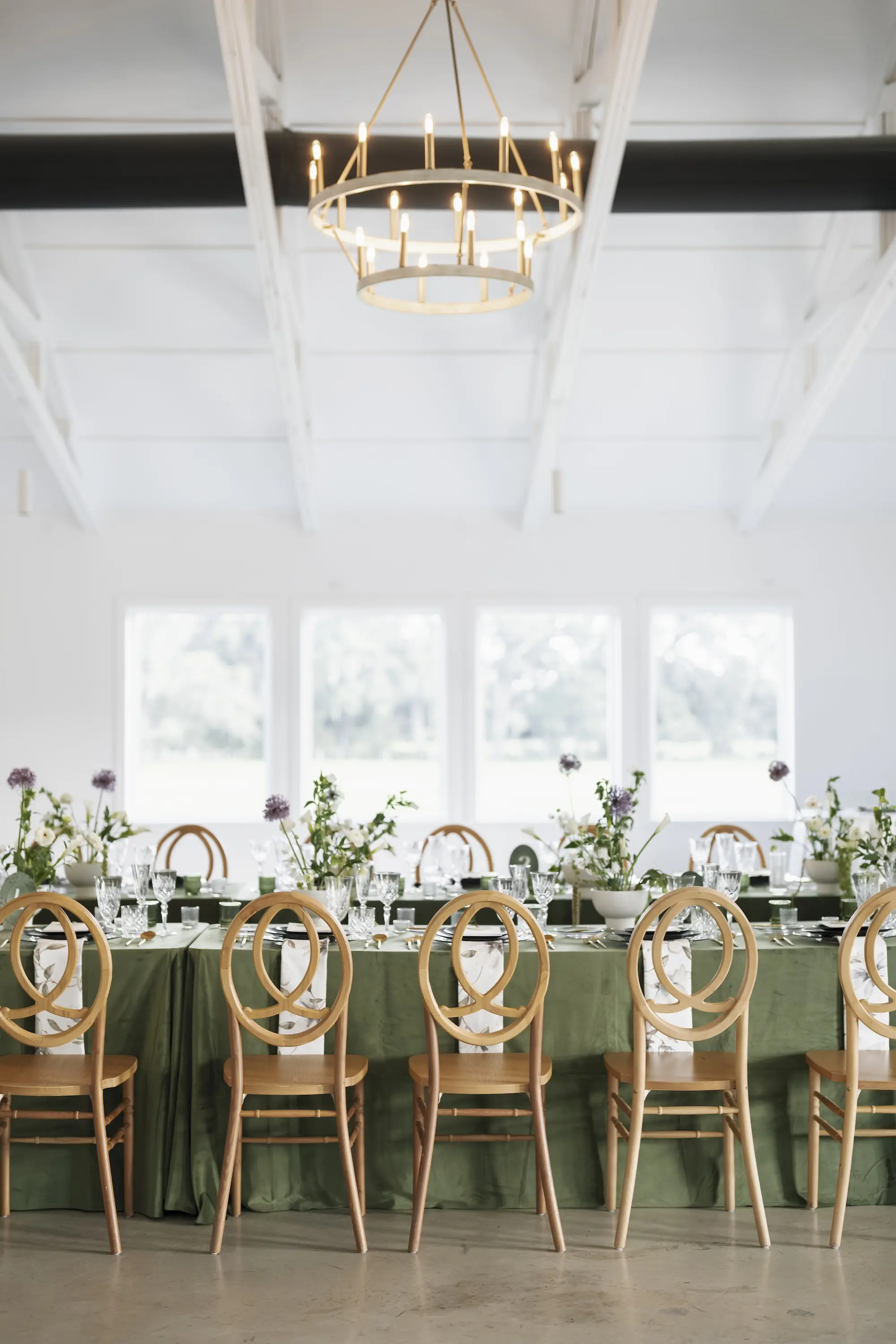 17Modern Garden Party Inspired Wedding Ideas - “Best Of” 2025: Wedding Receptions Part 2 Intimate Modern Green Garden Party Wedding Reception Wooden Chair Decor Inspiration