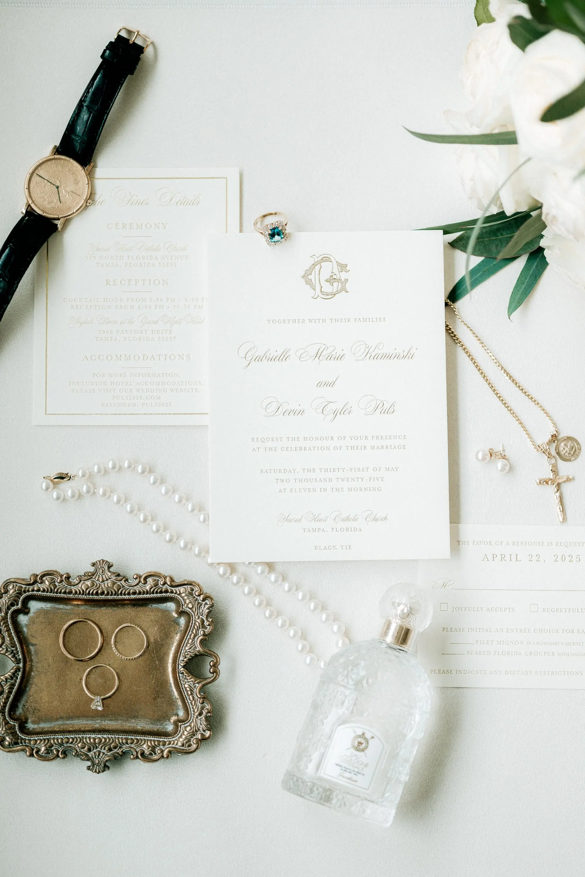 1Classic Gold and White Wedding Decor Inspiration - Classic, Ivory Rooftop Wedding | Grand Hyatt Tampa Bay Elegant White and Gold Wedding Invitation Suite Inspiration