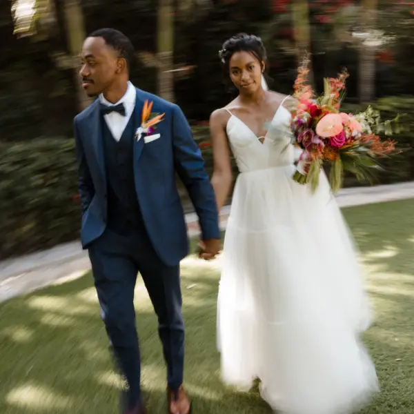 Bride and Groom Wedding Portrait | Tropical Monsteras, Red Gingers, Birds of Paradise Flower Bridal Bouquet Ideas | Florist Save The Date Florida | Tampa Bay Photographer Evoke Photo and Film