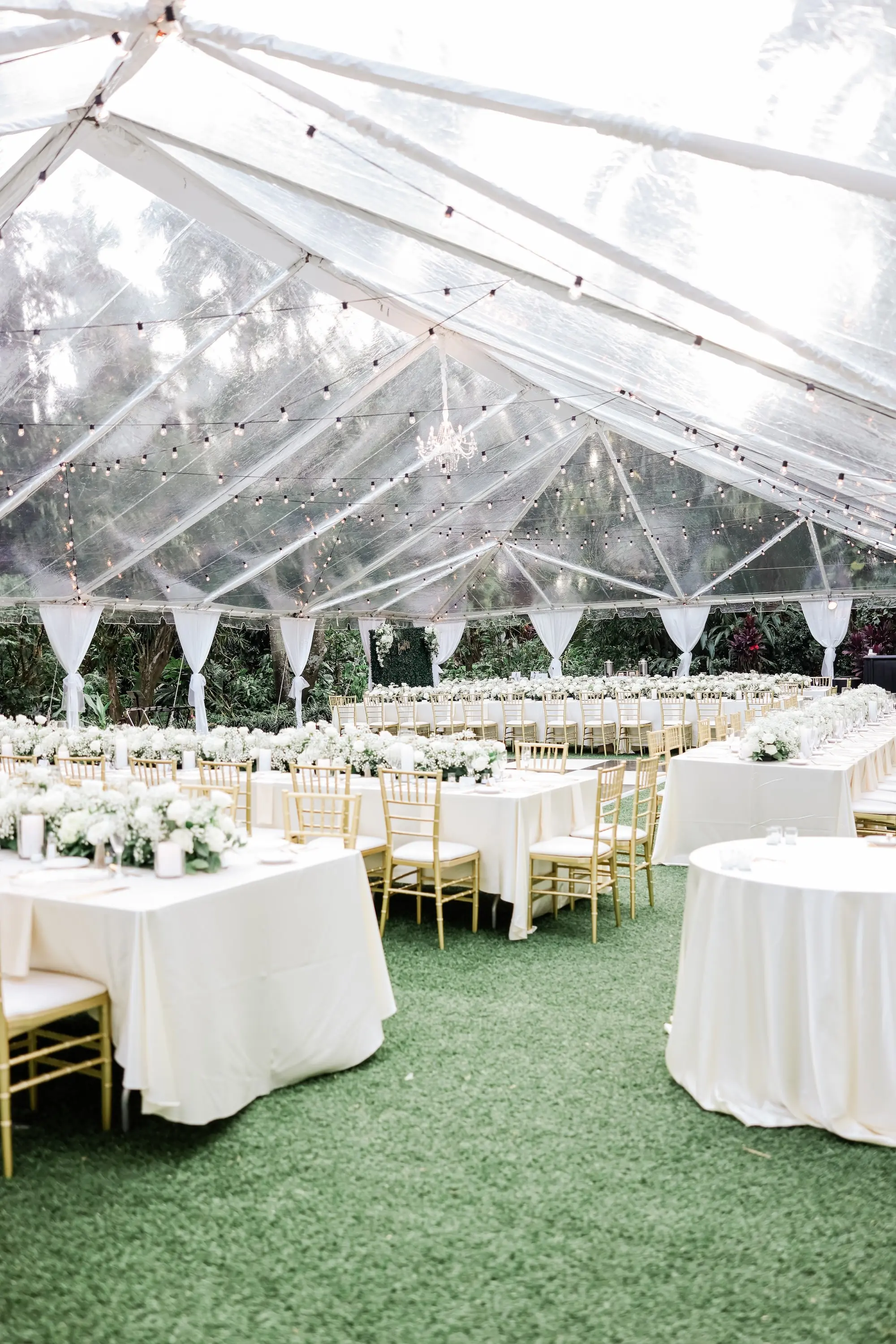 29Elegant Timeless Ivory and Green St Pete Wedding Venue Sunken Gardens - Romantic Outdoor St. Pete Wedding | Sunken Gardens Outdoor Tented Wedding Reception with String Lights Decor Inspiration | Gold Chiavari Chairs at Long White Linen Reception Tables Ideas | Tampa Bay Rentals Fiesta Solutions Event Rentals