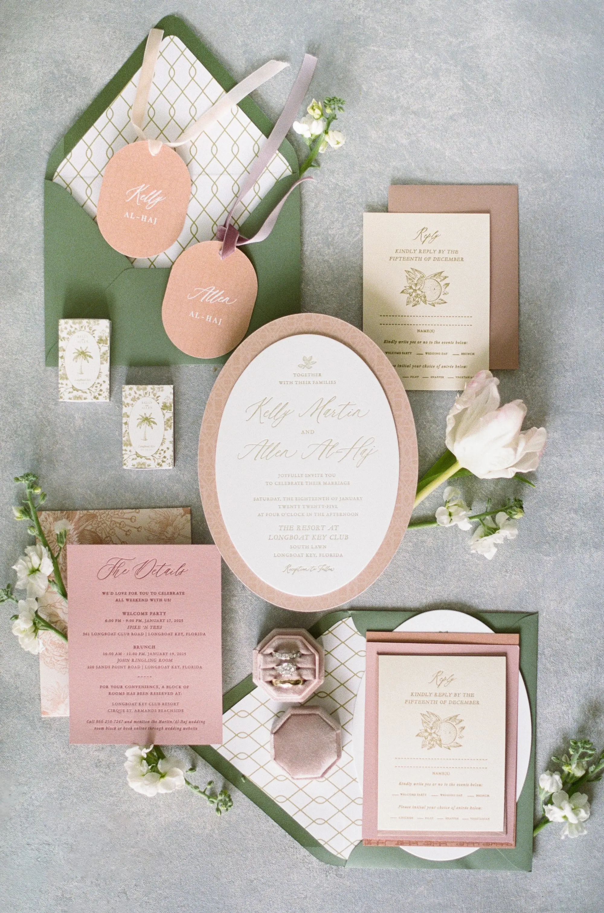Luxurious Peach and Green Wedding Invitation Suite Ideas