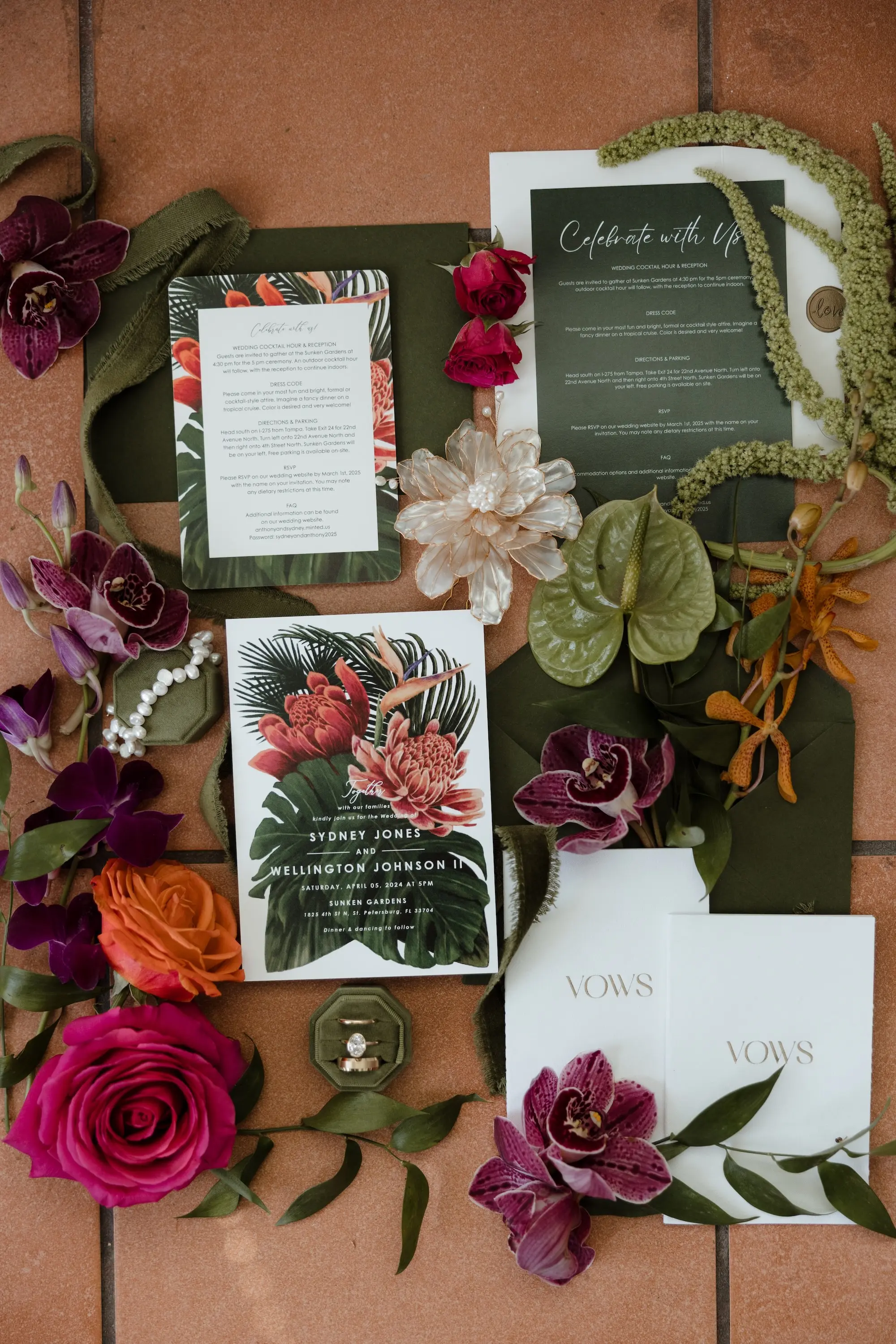 Tropical Mosteras Fauna, Red Ginger and Birds of Paradise Floral Wedding Invitation Suite Inspiration | Florist Save The Date Florida | Tampa Bay Photographer Evoke Photo and Film