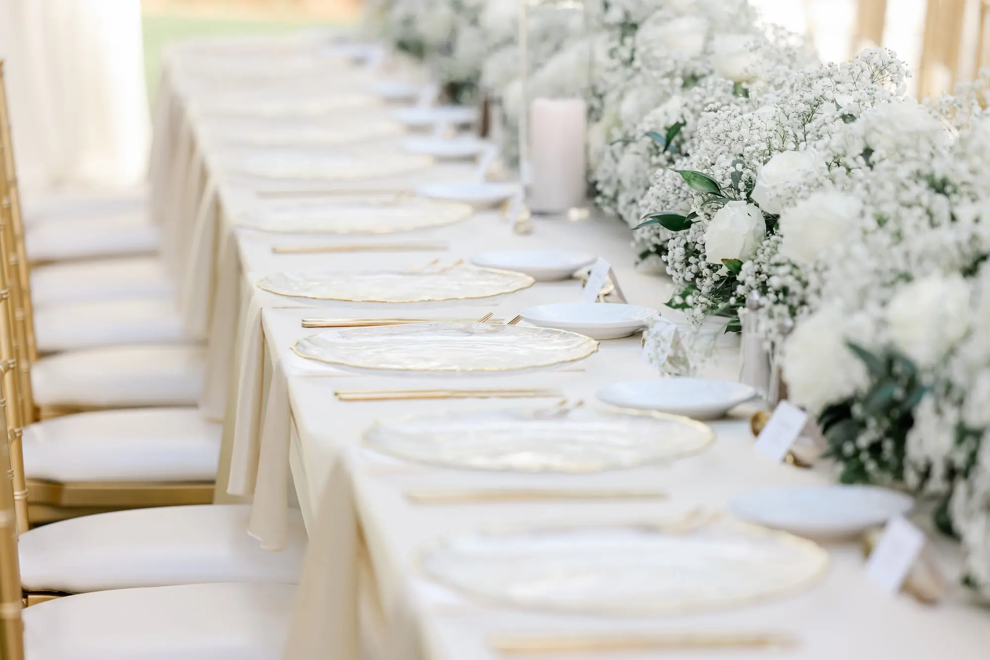 31Elegant Timeless Ivory and Green Garden Wedding - “Best Of” 2025: Wedding Receptions Part 2 Long Wedding Reception Table with White Linens and Gold Chiavari Chairs Inspiration | Clear Chargers with Gold Rims and Gold Flatware Ideas | White Roses and Baby's Breath Wedding Reception Decor Centerpiece Garland Inspiration | Tampa Bay Rentals Fiesta Solutions Event Rentals | St Pete Photographer Lifelong Photography Studio